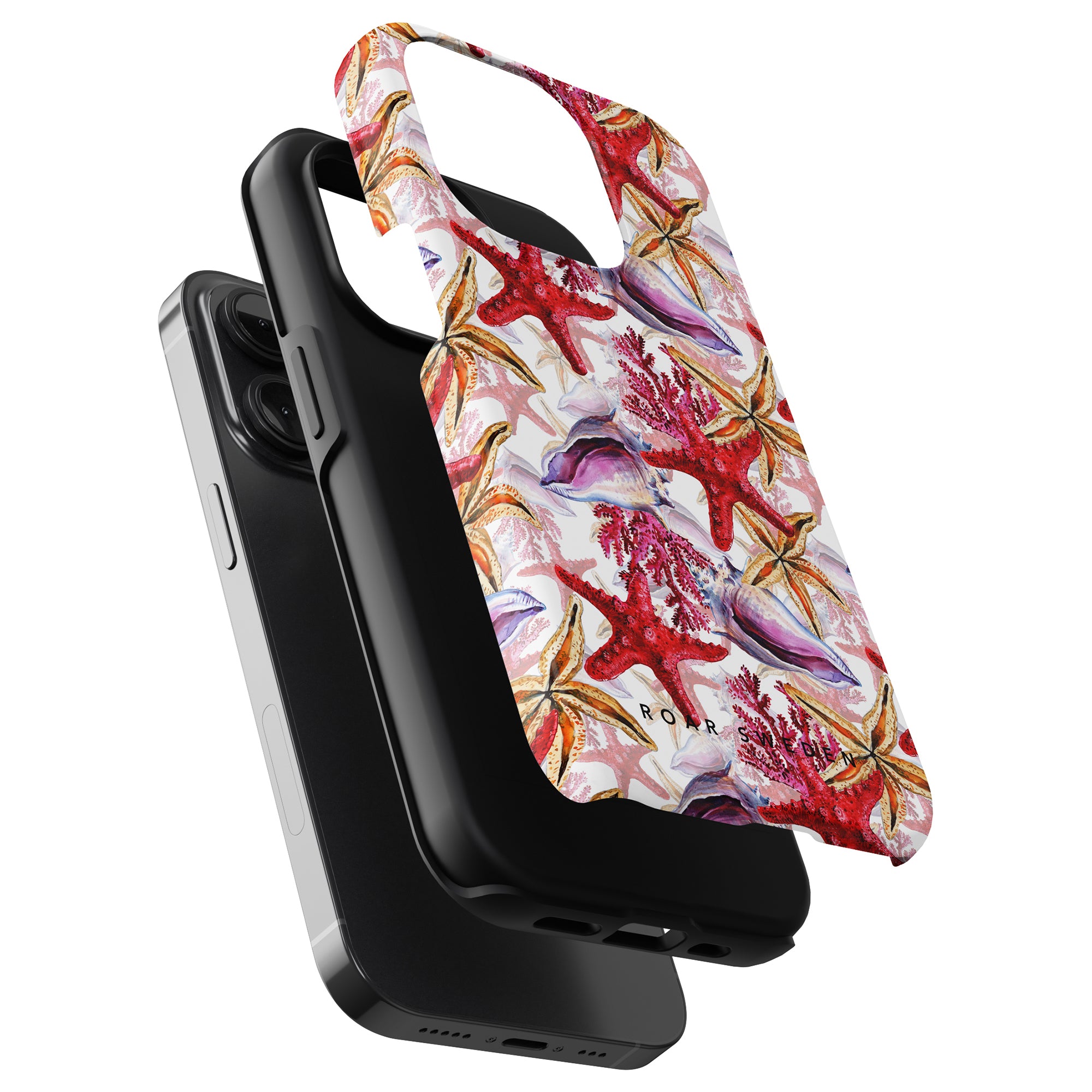 A black smartphone with a Coral Reef - Tough Case featuring starfish designs attached to a charging dock.