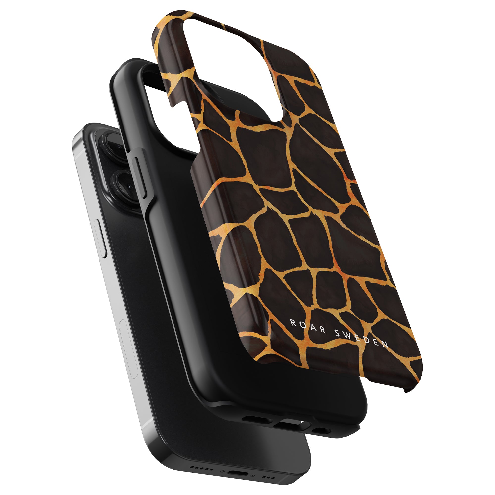 Two smartphones in Giraffe - Tough Cases, one with a giraffe design and logo, displayed in a slightly angled overlapping position against a white background.