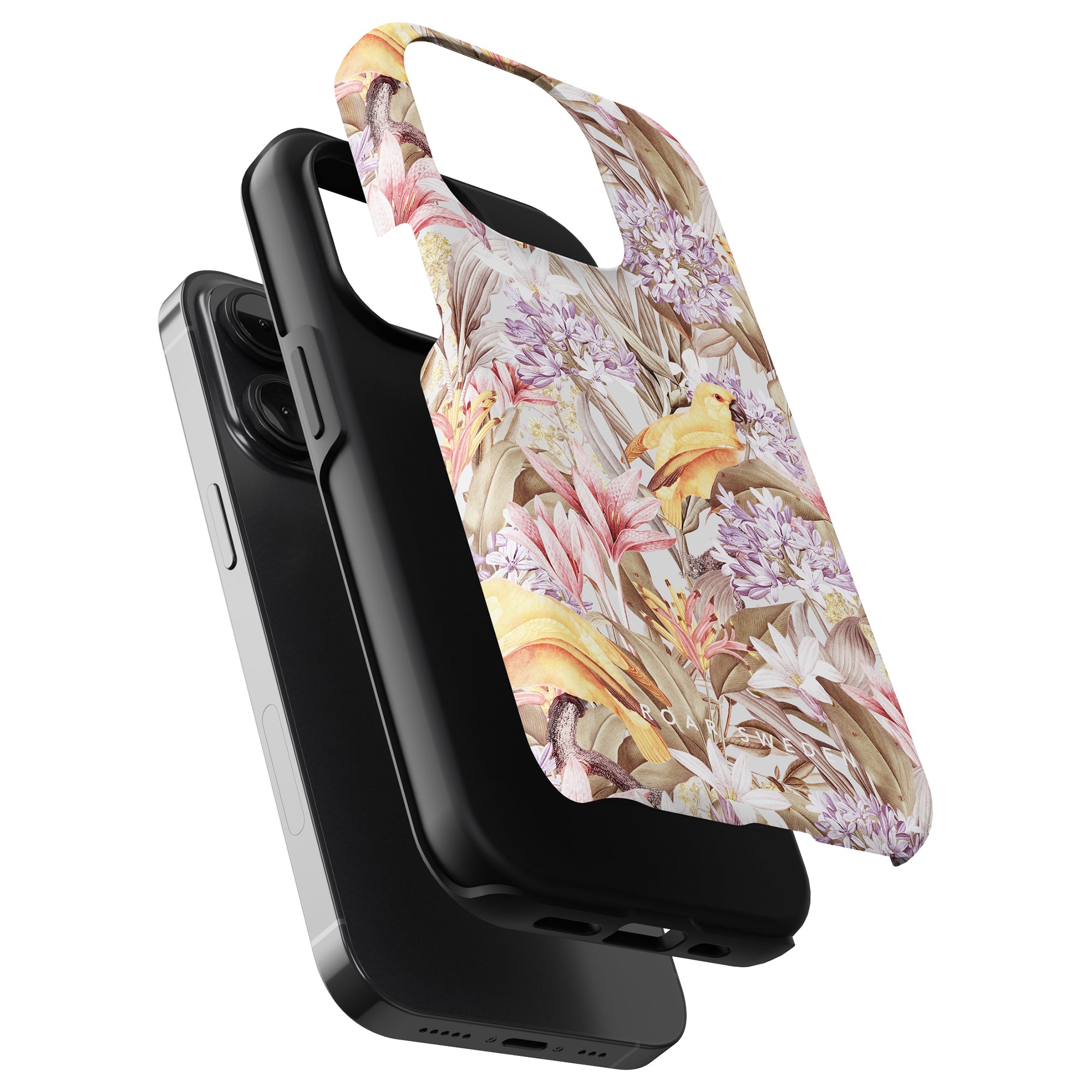 A smartphone with a black Mango Parrot - Tough Case and a floral patterned crossbody strap.
