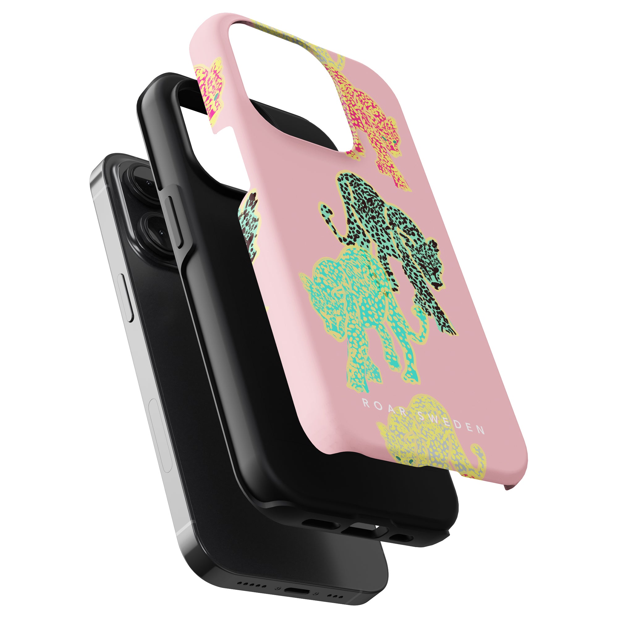 Two Meow - Tough Cases from the Leopard Kollektion, one black and one pink with a green and gold floral design, displayed in a stack, isolated on a white background.