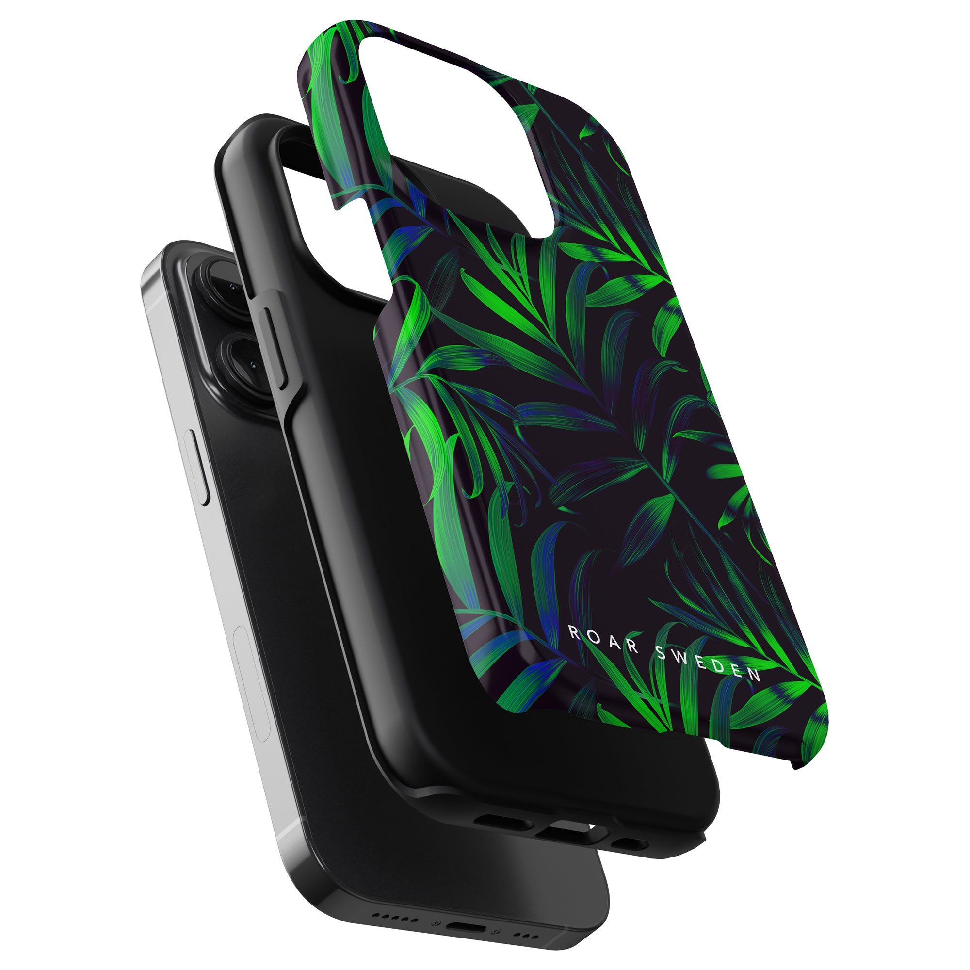 A smartphone with a black, Mysterious Jungle - Tough Case and an attached floral-patterned cardholder.