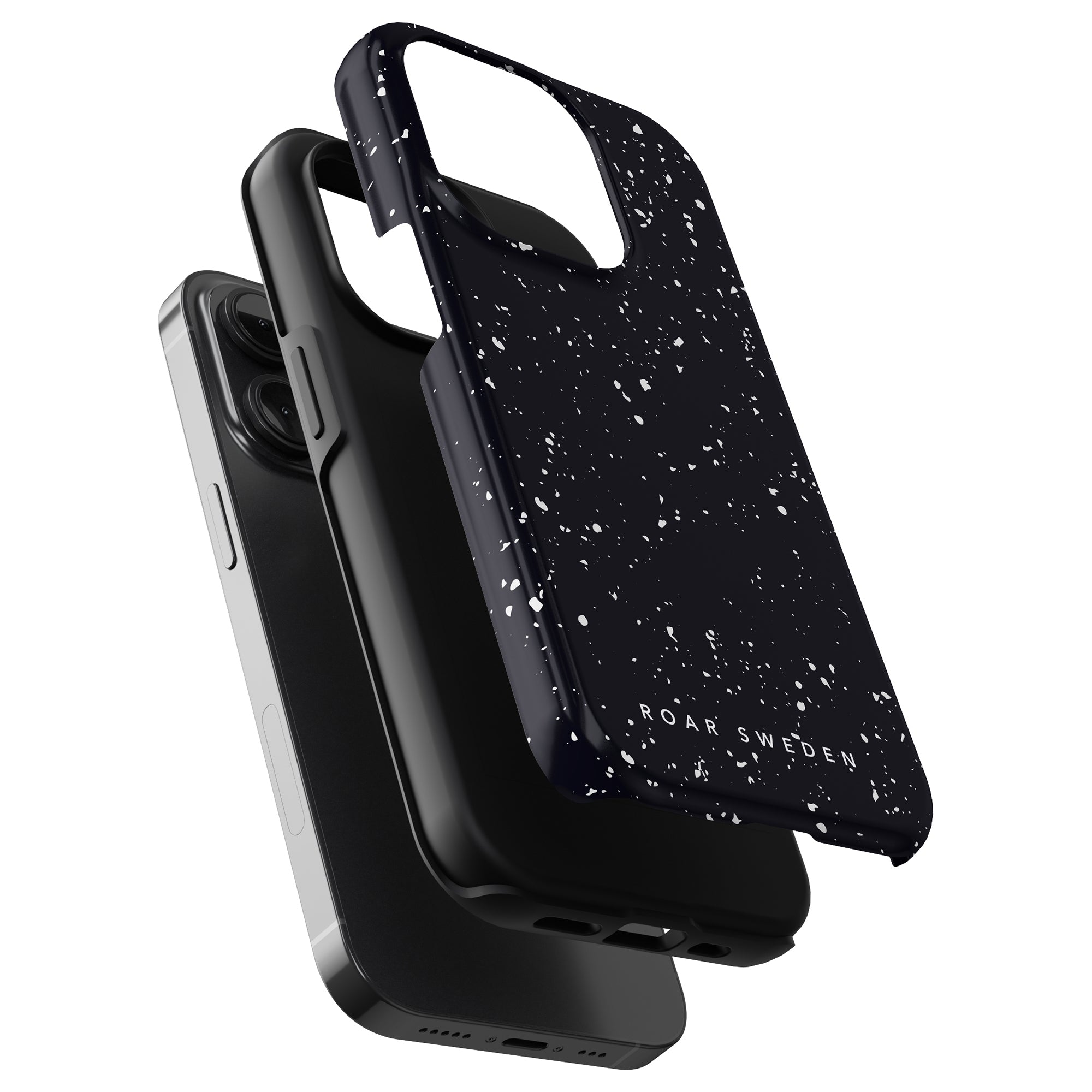 A black smartphone with a Night Stars - Tough Case alongside a matching portable battery pack.