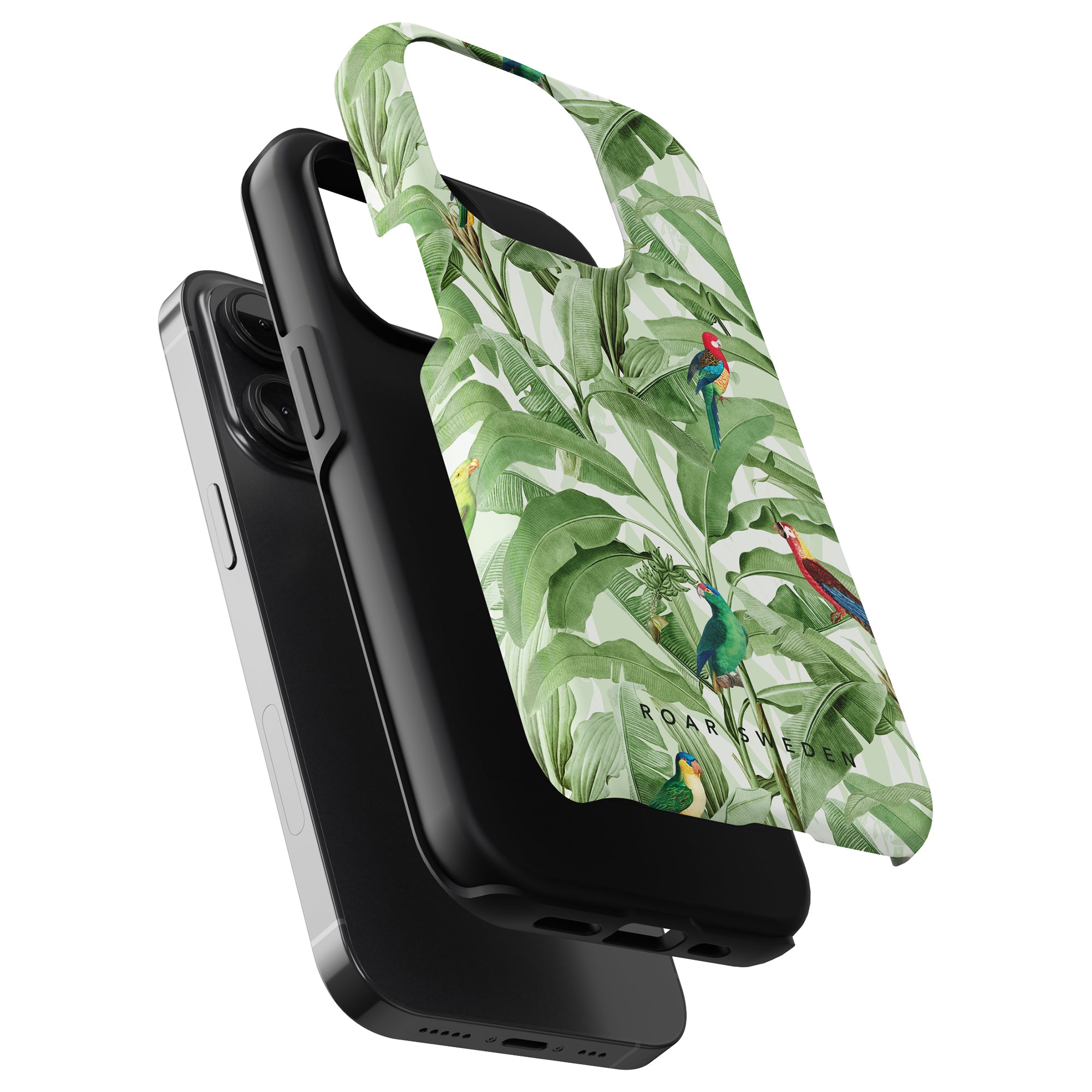 Smartphone cases from the jungle collection with tropical foliage and Parrot Paradise design, and a tough Parrot Paradise - Tough Case, positioned against a white background.