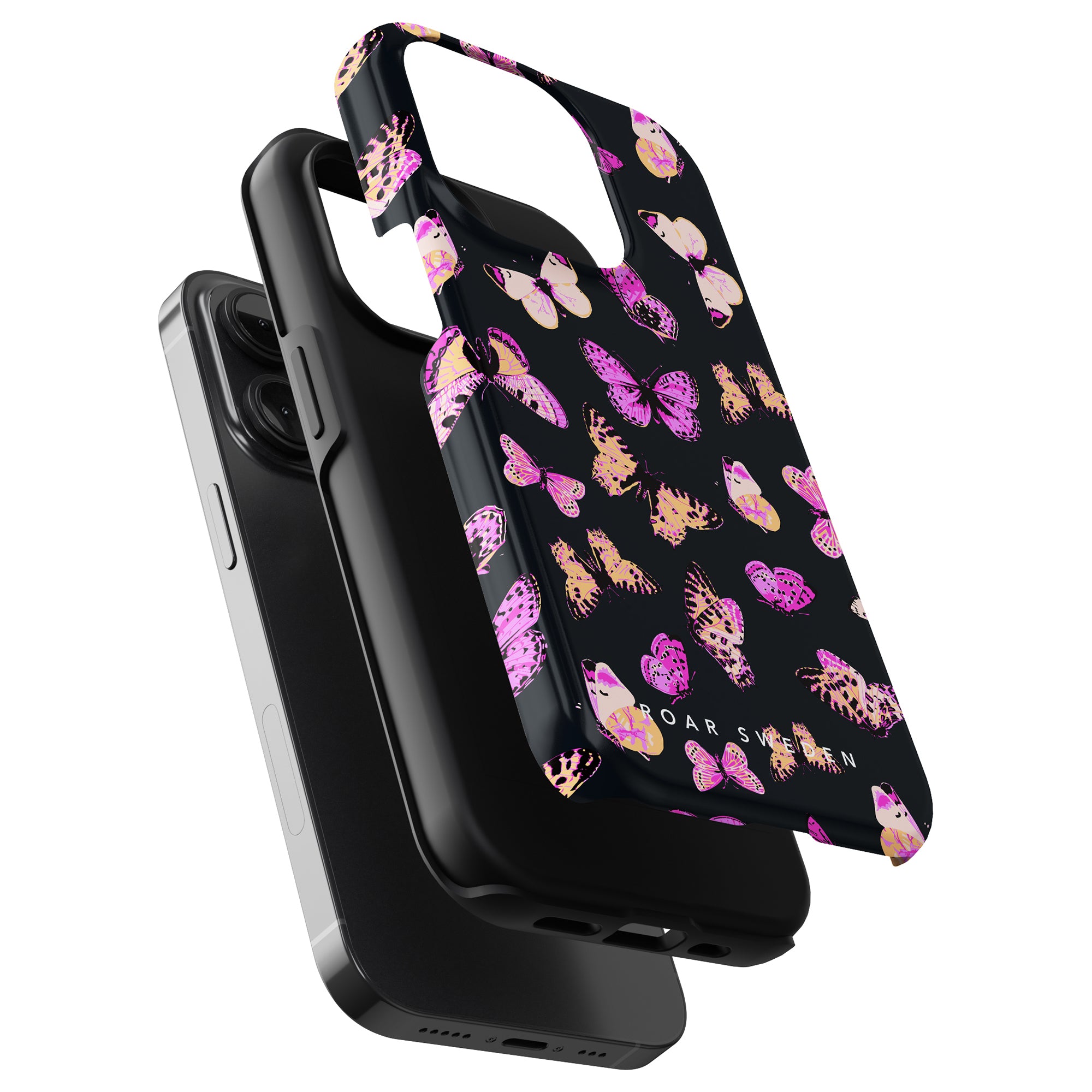 A smartphone with a Pink Butterflies - Tough Case and a patterned face mask draped over it.
