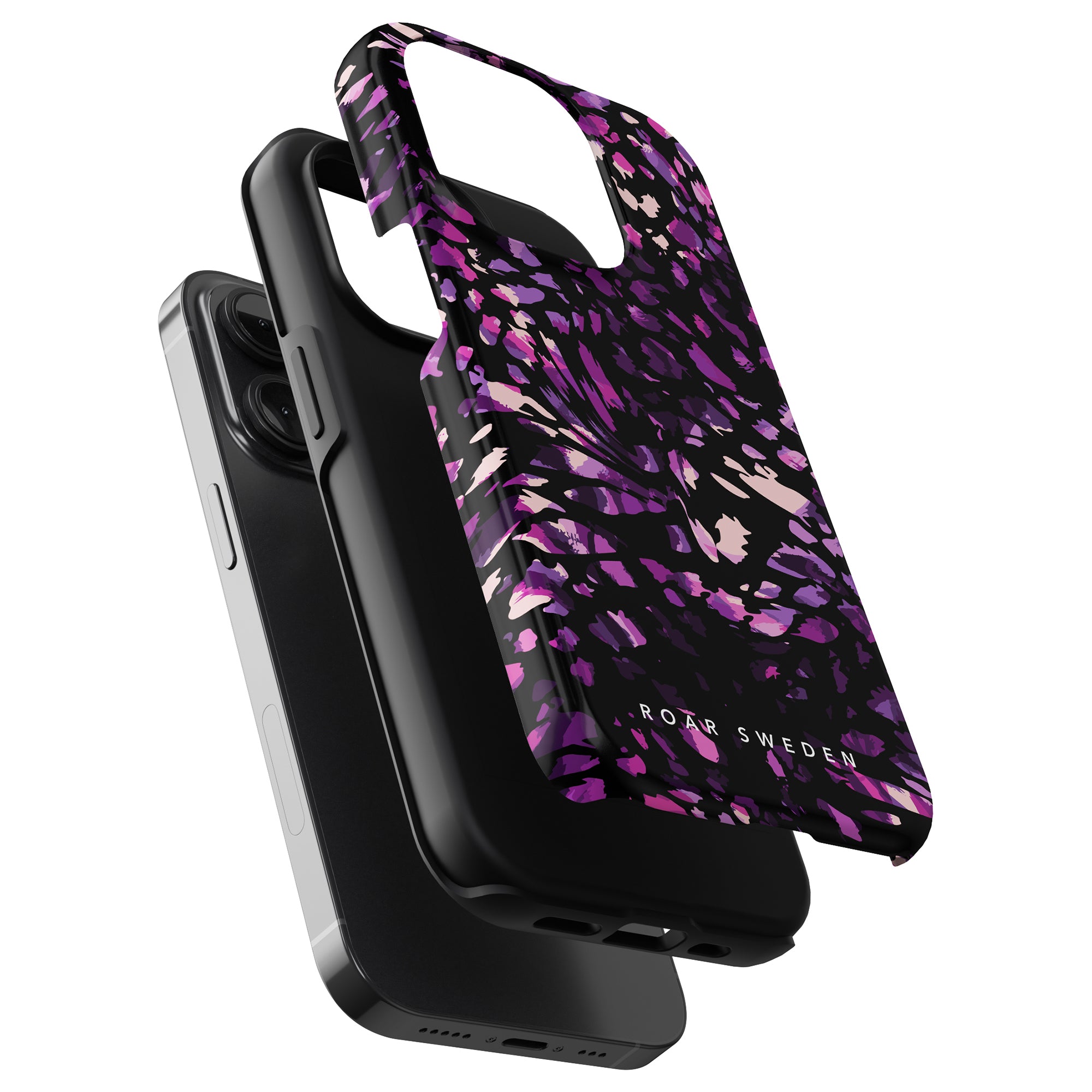 A Purple Spots - Tough Case with a black and purple abstract pattern is shown in three stages: fully assembled, separated front cover, and back cover, with the phone inside. This case offers both a stilsäker look and excellent smartphone skydd.