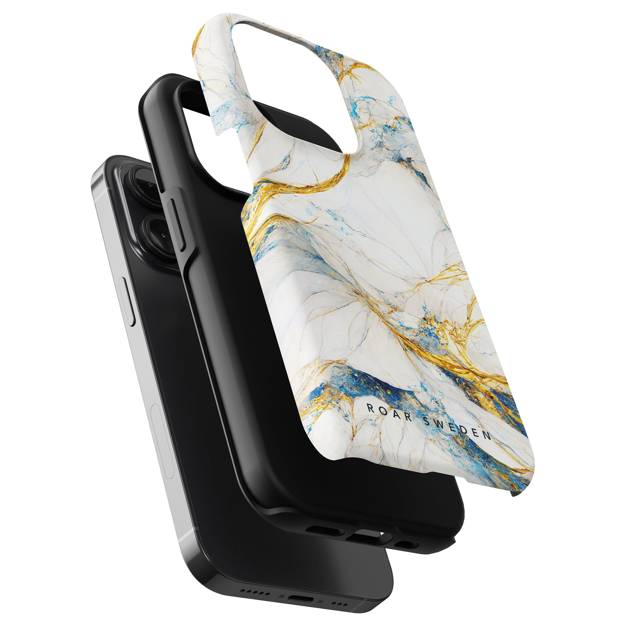 Two Queen Marble - Tough Cases stacked vertically from the hybrid collection; the front case is patterned with a marble design and the rear is a plain, tough black case.