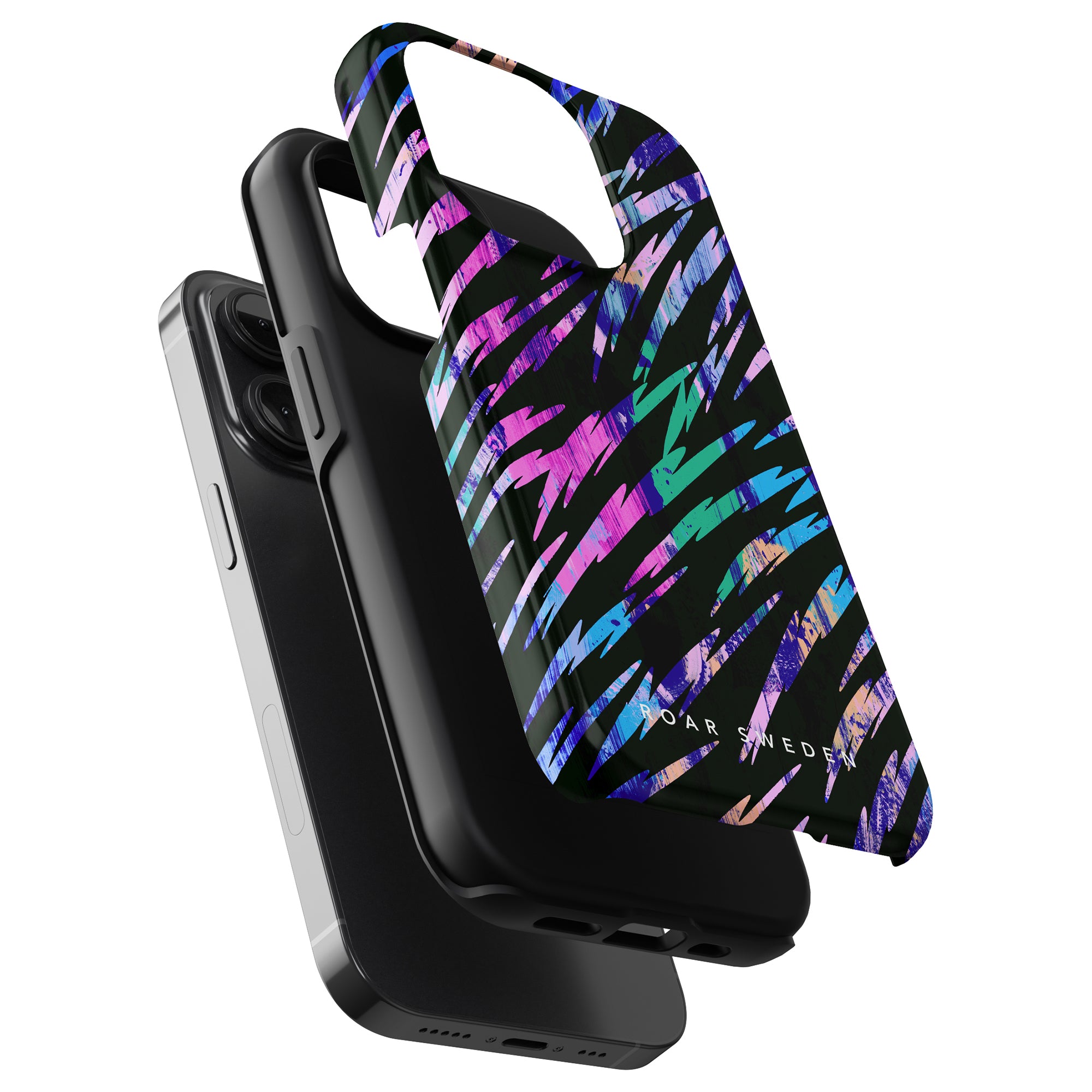 A smartphone with a black Rad Stripes - Tough Case and an abstract-patterned popsocket from the Exotic Collection attached to the back.