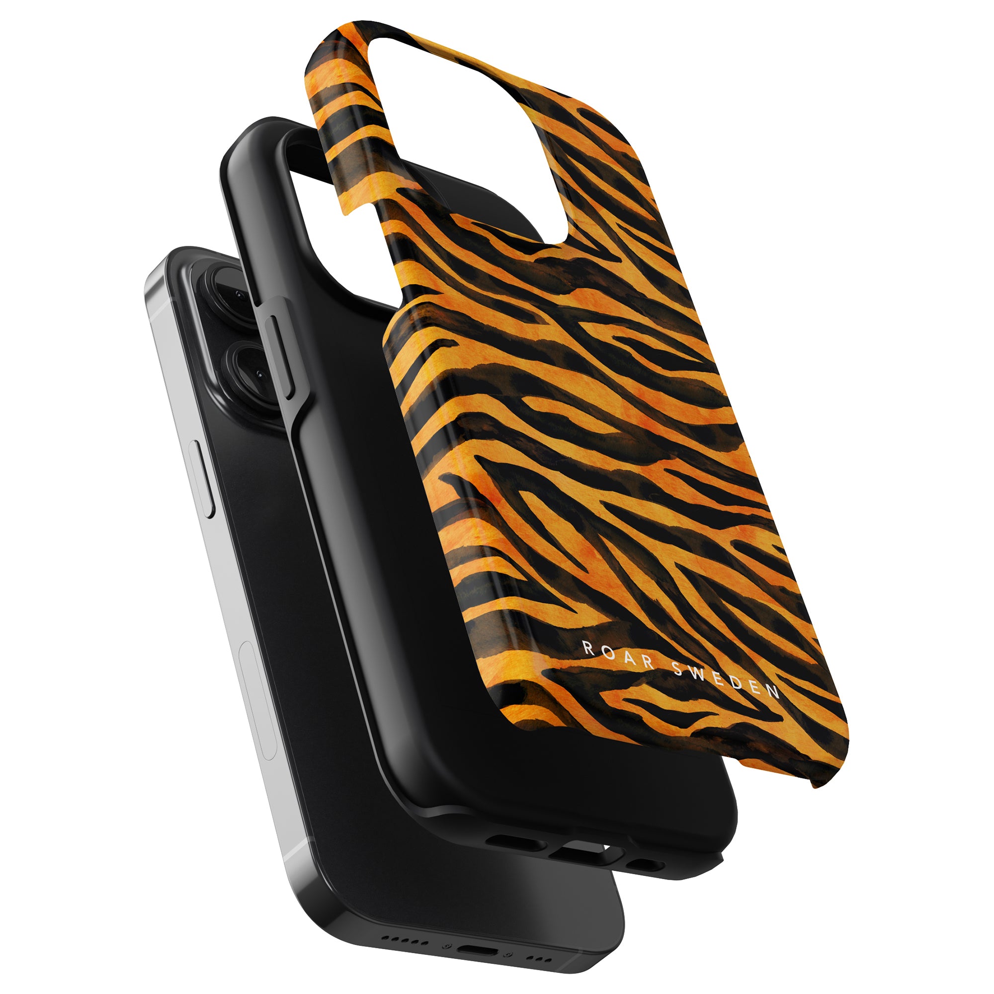 Two Roar - Tough Cases with smartphones, with one case featuring a tiger stripe design.