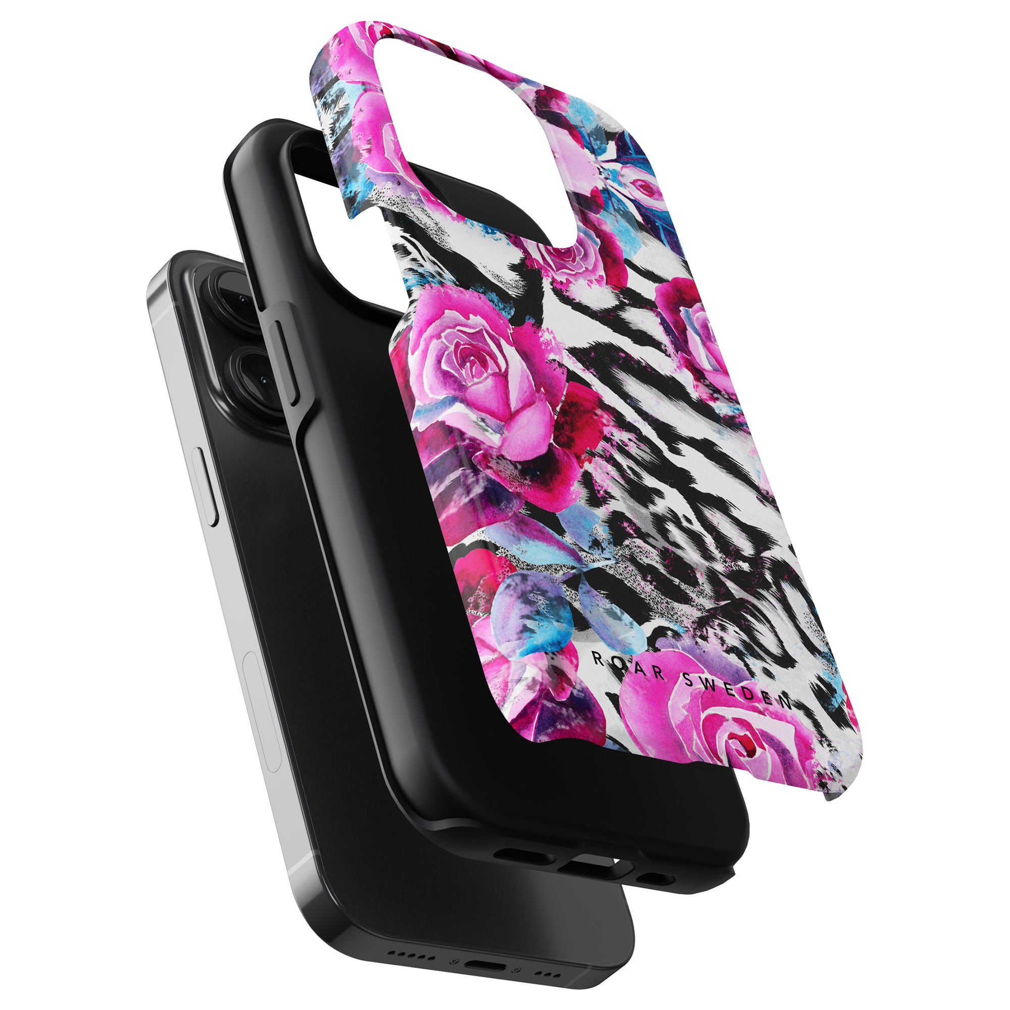 A smartphone in a Rosy Wildcat - Tough Case paired with a vibrant floral and leopard print popsockets grip, displayed against a white background.