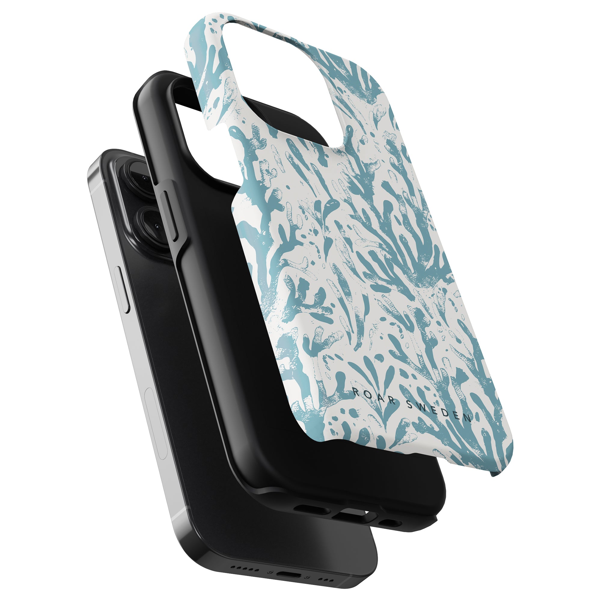 Two smartphones with Sea Life - Tough Cases and a fabric tote bag with a blue and white pattern.