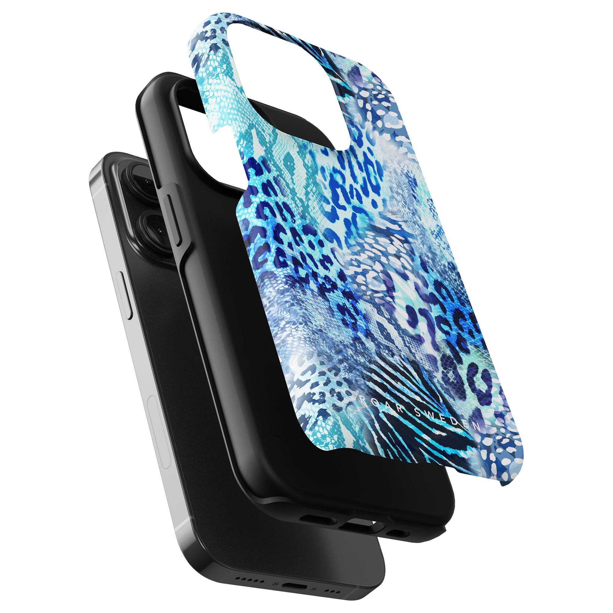 Three-layer tough case with a colorful blue and black animal print design, shown partially assembled on a smartphone. This Snow Leopard - Tough Case combines style and protection seamlessly.