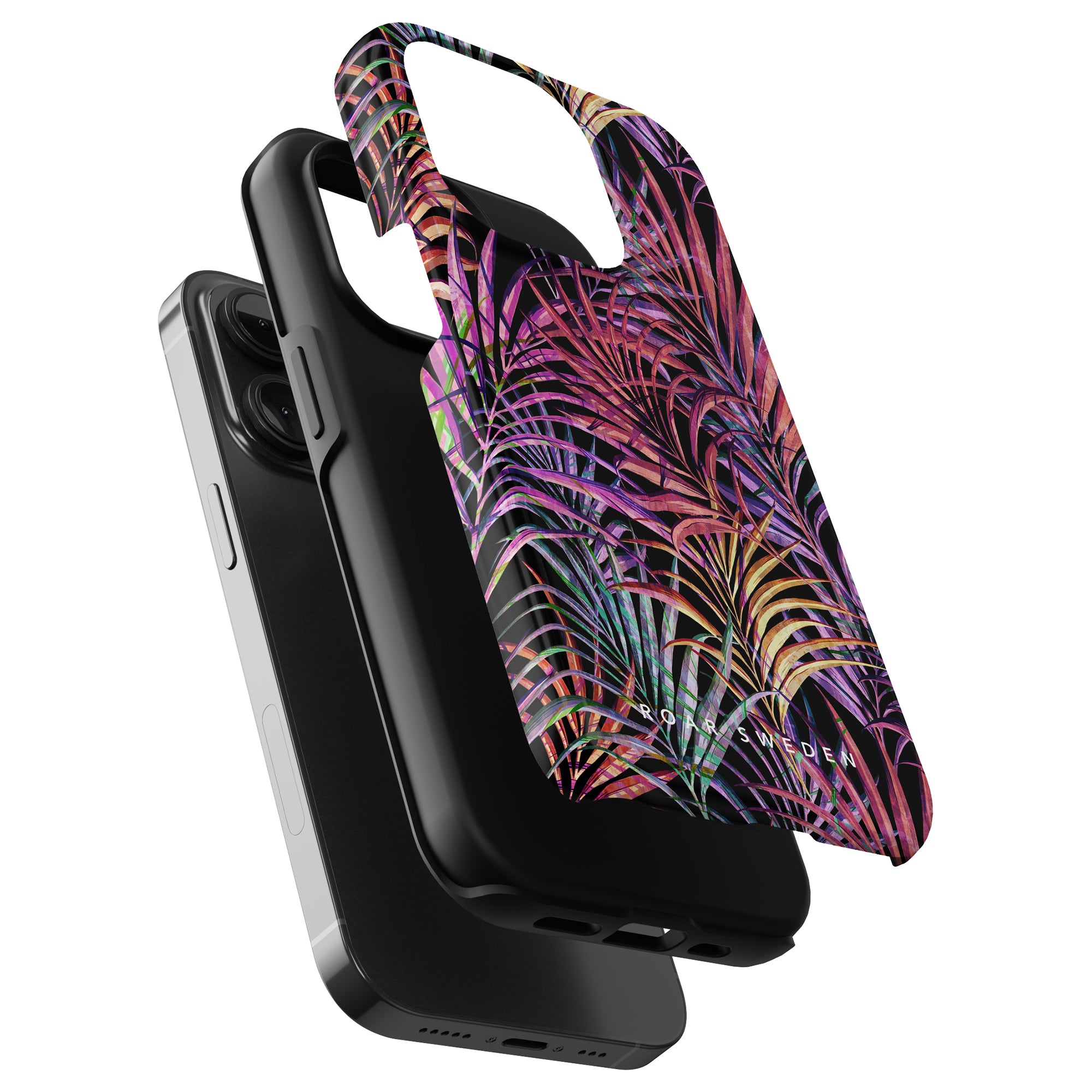 A smartphone with a colorful Summer Palms - Tough Case attached to a black portable battery charger.