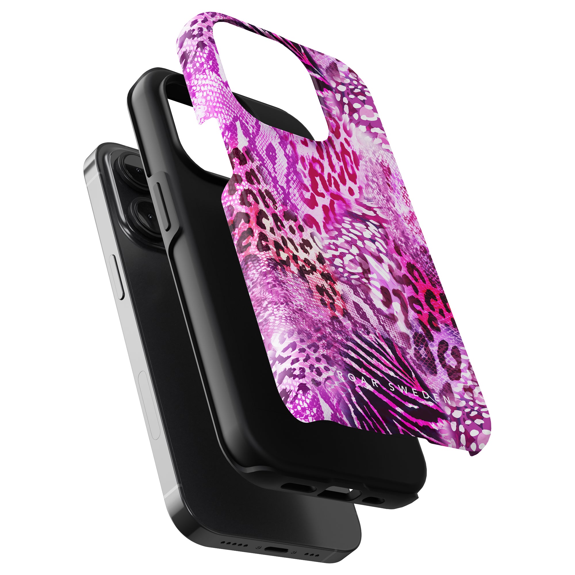 A black smartphone with a Swirl Leopard tough case from the Hybrid Collection, displayed on a white background.