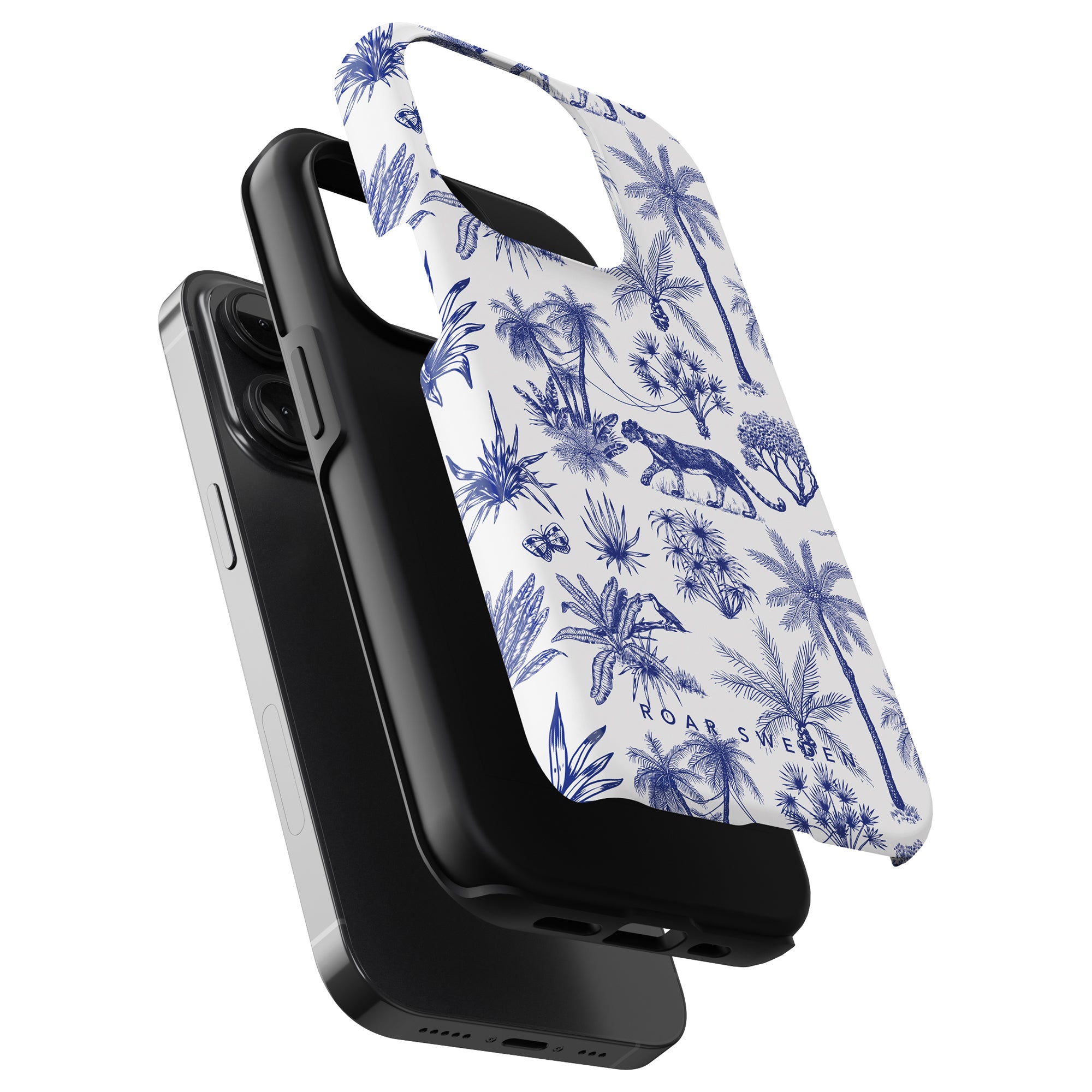Smartphones with Toile De Jouy - Tough Cases from the jungle collection and a blue and white floral-patterned popsocket.