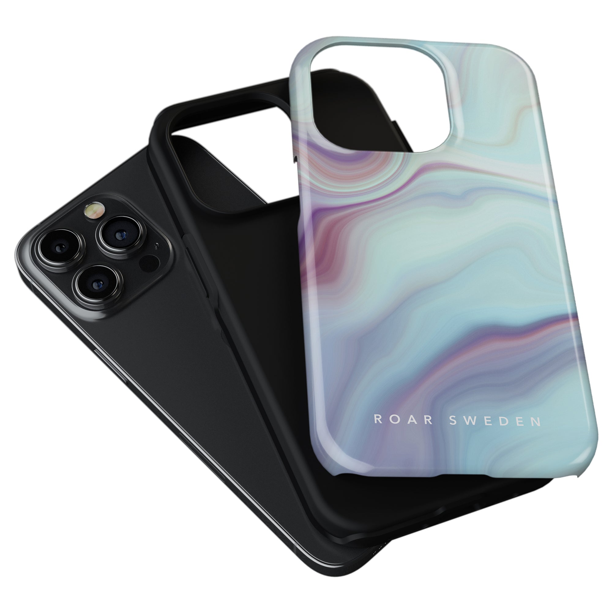 Two smartphones, one with a black case and another with an Abalone - Tough Case from the Oyster Collection, positioned side by side on a white background.