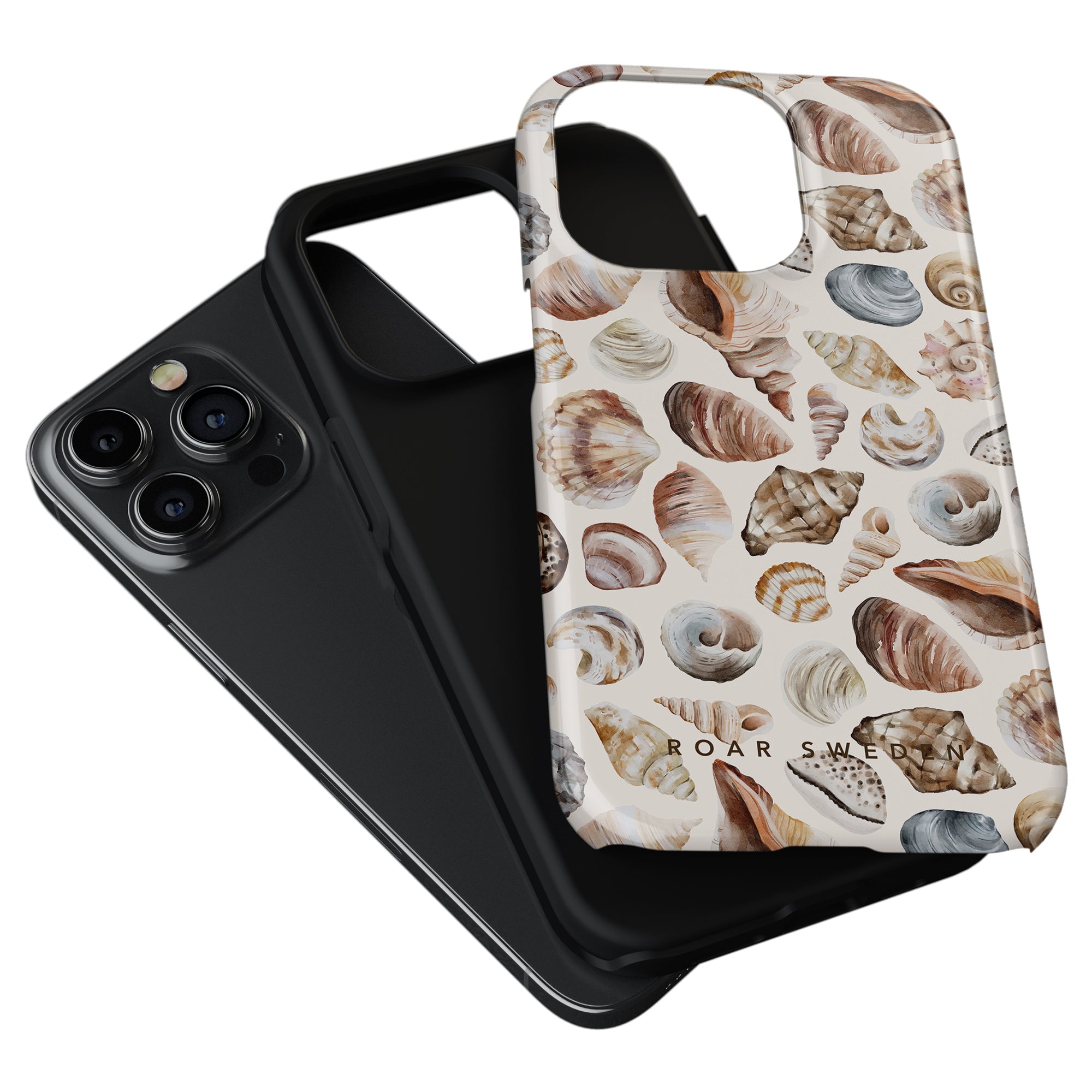 Two Beach Shells - Tough Cases from the ocean collection with seashell designs, one fitted on a smartphone with a triple-camera setup.