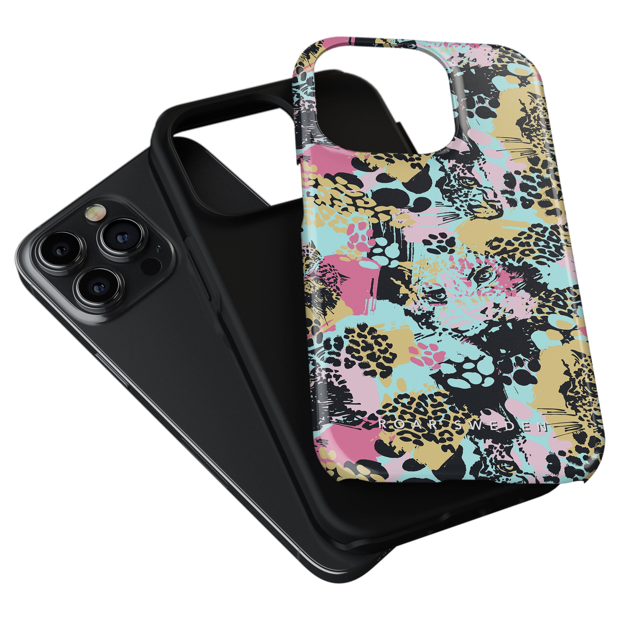 Two Bite - Tough Cases from the hybrid kollektion on a white background, one with a colorful abstract animal print and the other plain black, both designed for models with triple cameras.