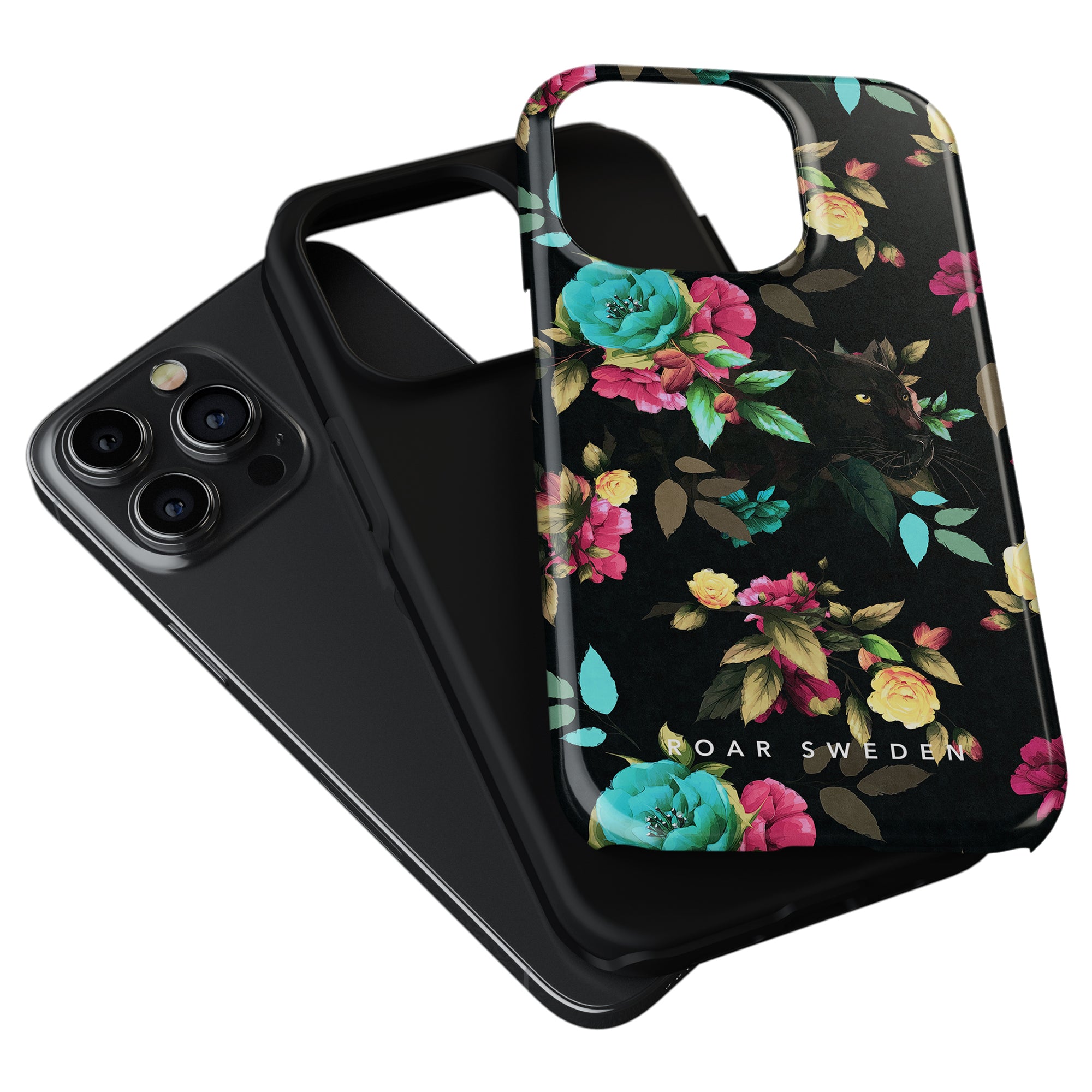 Two Bloom Panther - Tough Cases isolated on a white background, one with a floral pattern and the other solid black, both designed as skyddande skal for a smartphone model with three camera lenses.