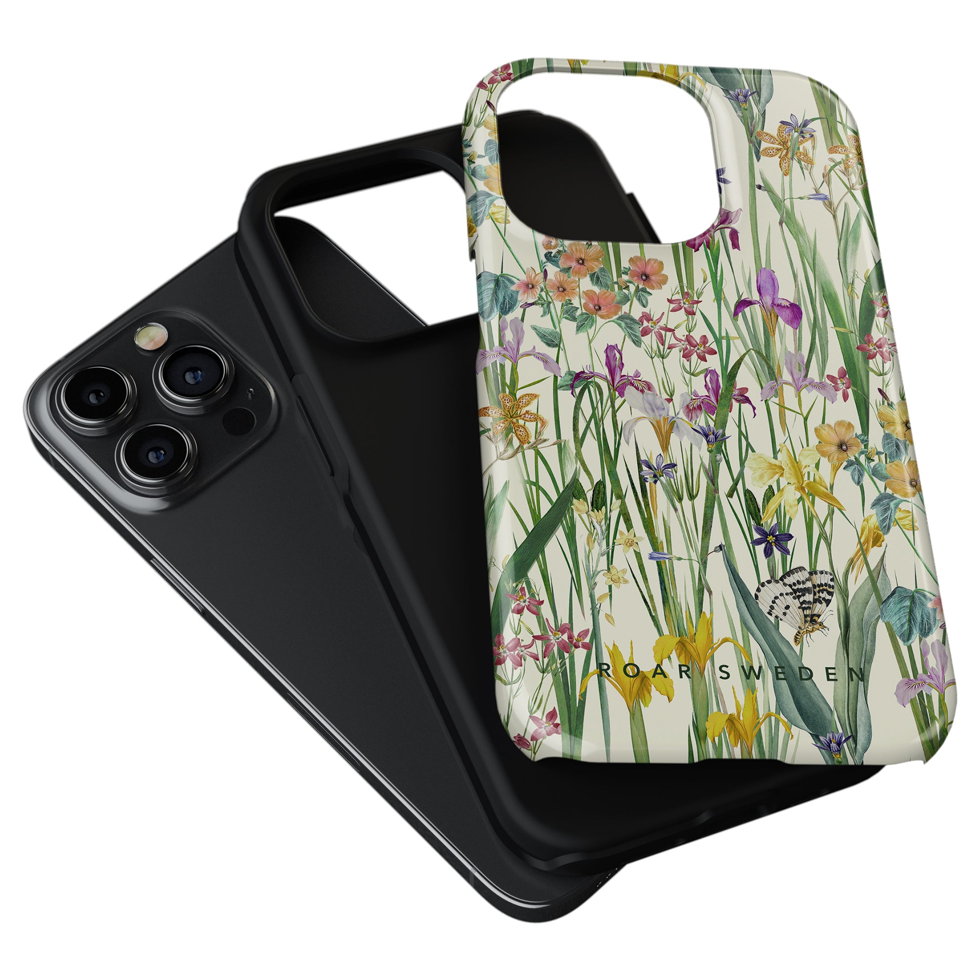 A smartphone with a triple camera setup paired with a Blooming Meadow - Tough Case with a cutout for the camera module.