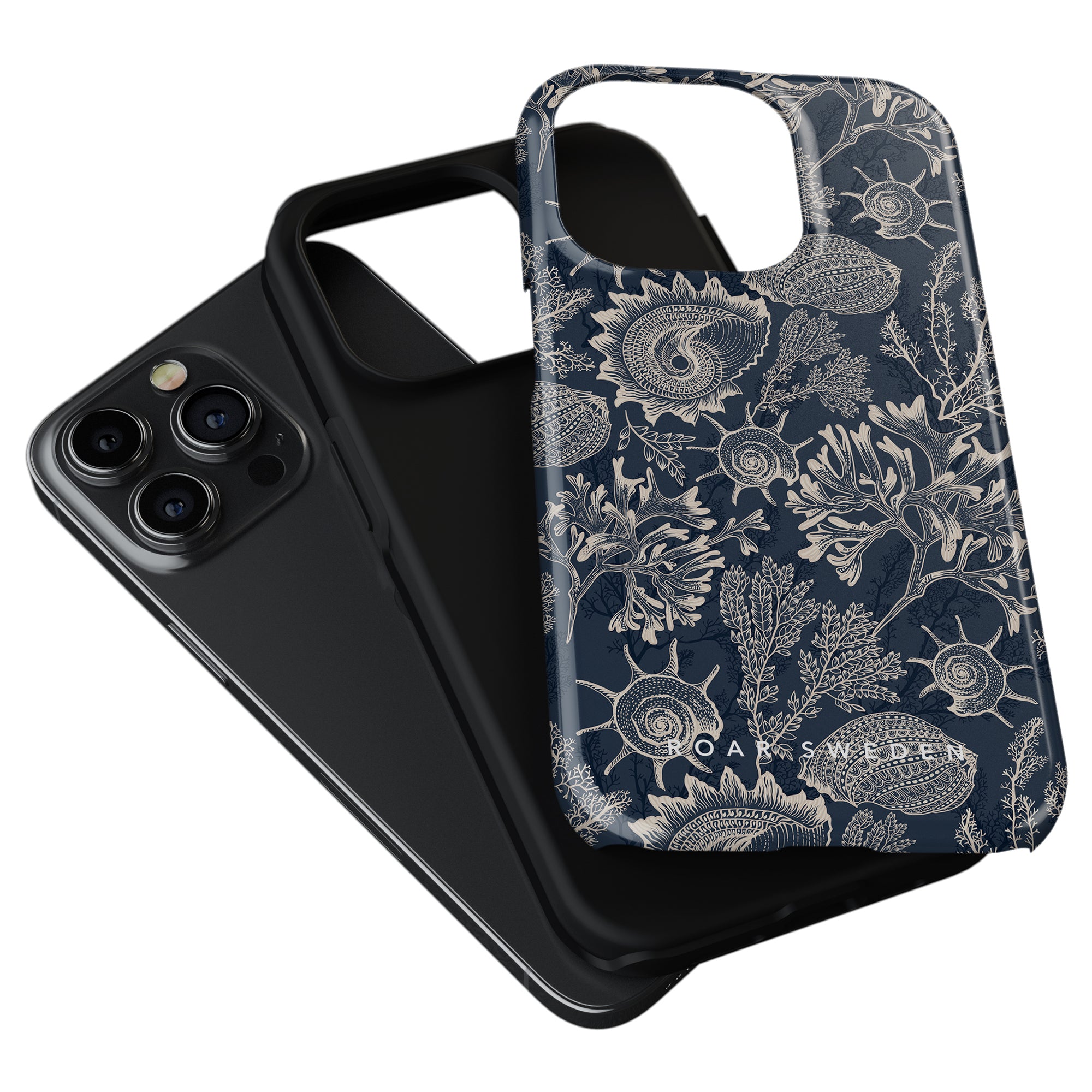 Two Blue Corals - Tough Cases, one with a blue coral design and the other plain black, with cameras visible, isolated on a white background.