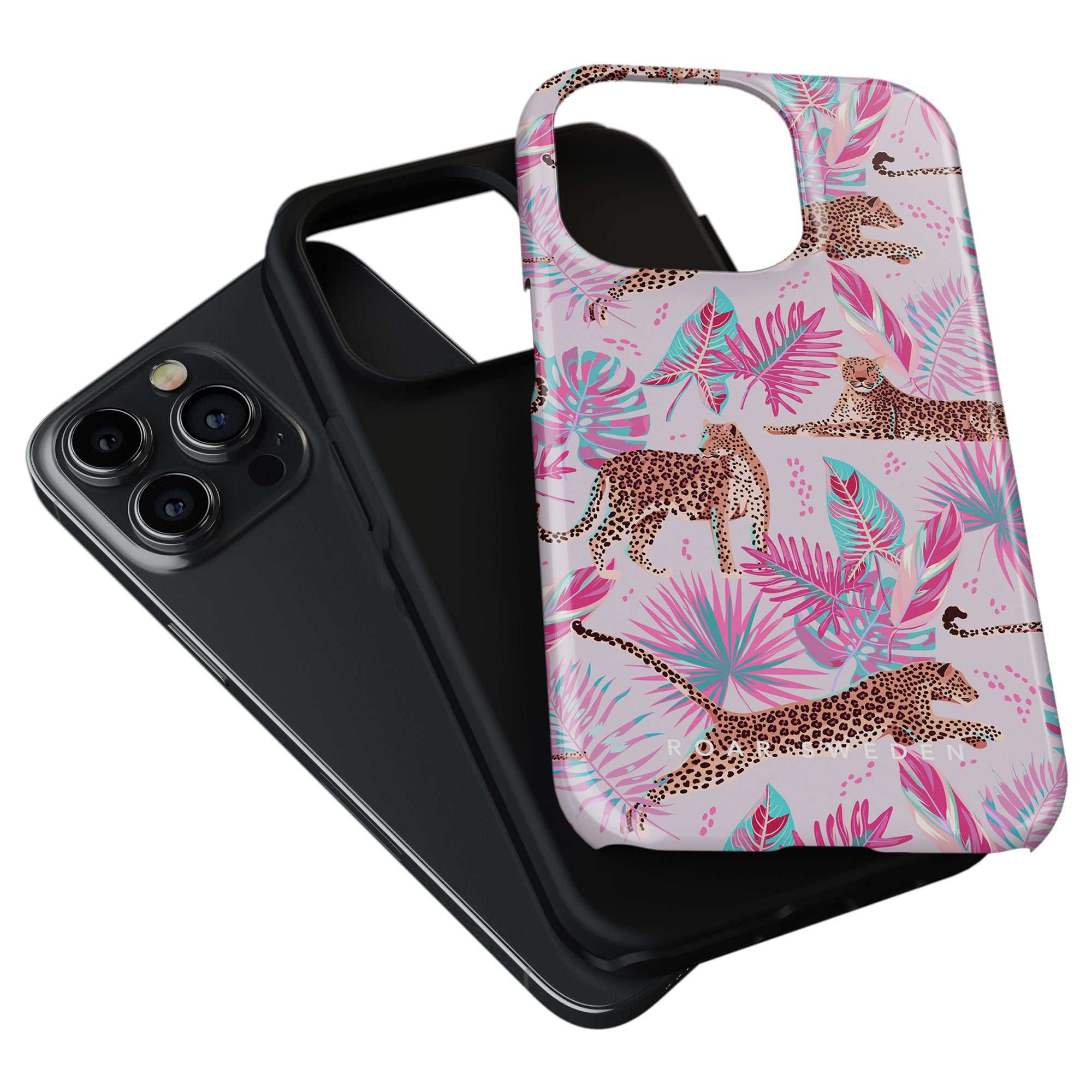 Chill - Tough Case with a black case and a pink case featuring a leopard kollektion and tropical leaf print design on a white background.