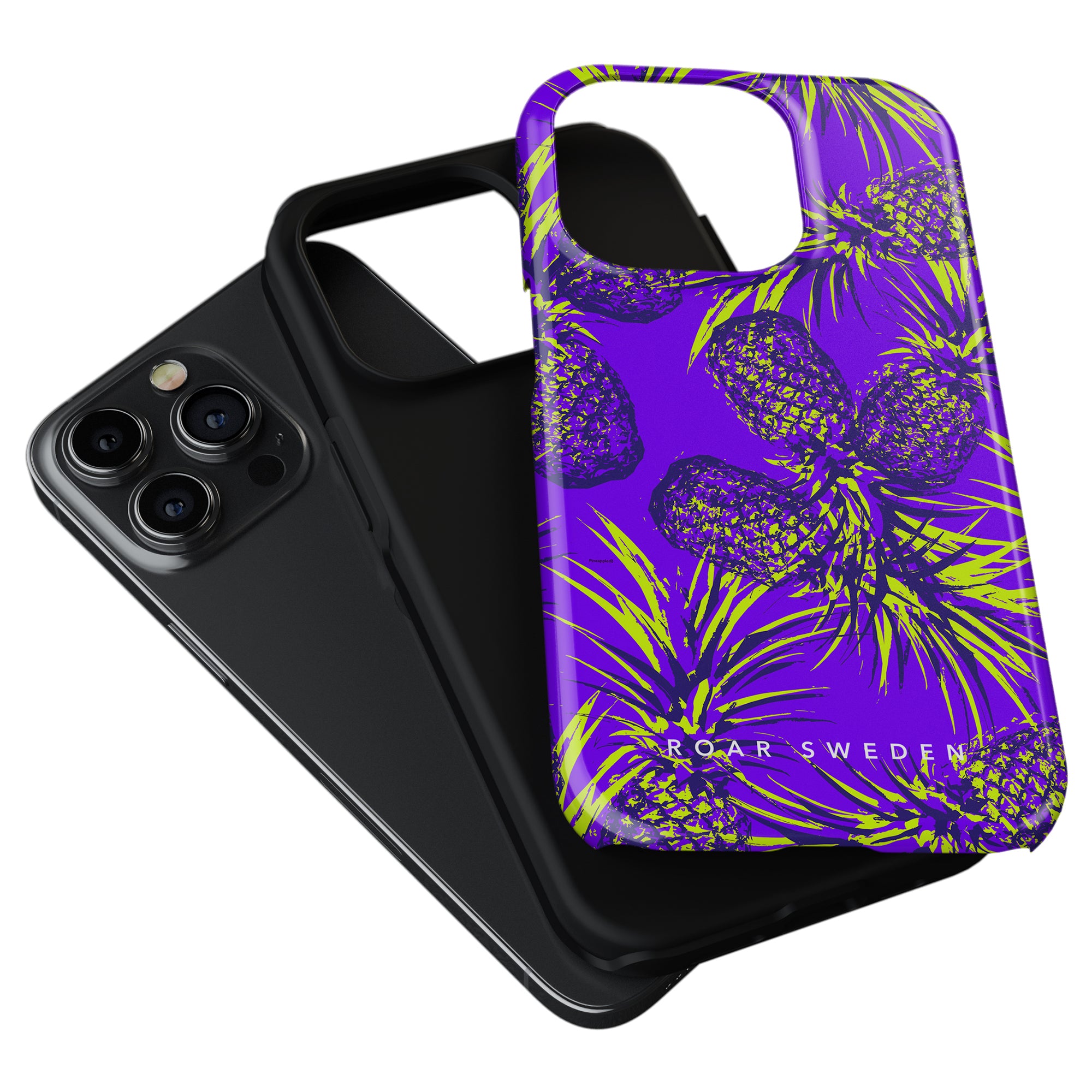 A smartphone with a triple camera setup next to a vibrant purple and yellow Comosus - Tough Case phone case from the sommar collection.