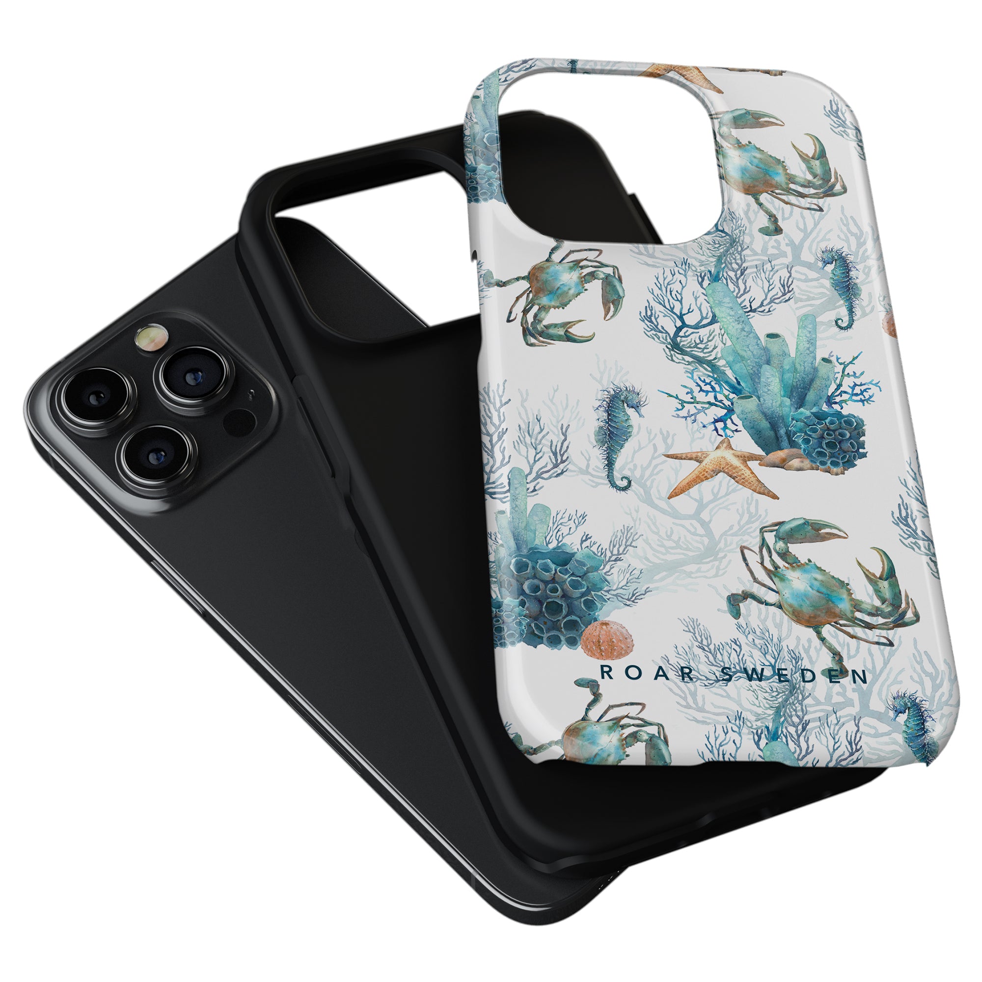 Black smartphone with a camera bump next to a Crab Reef - Tough Case with a marine life pattern.