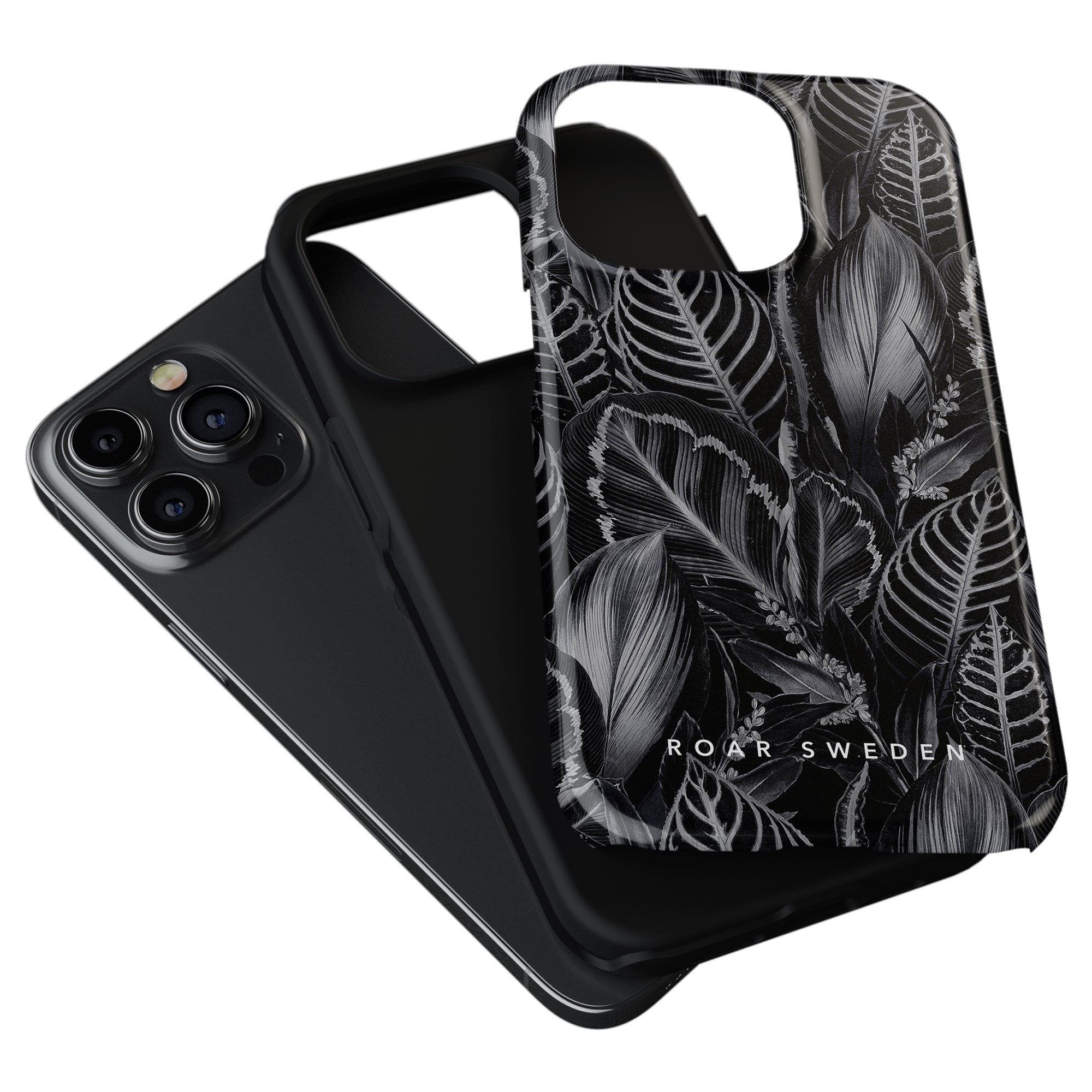 Sentence with replaced product: Two smartphones with tough case protection, one with a floral design from the "Dark Leaves" skydd collection, and the other plain black, displayed on a white background.