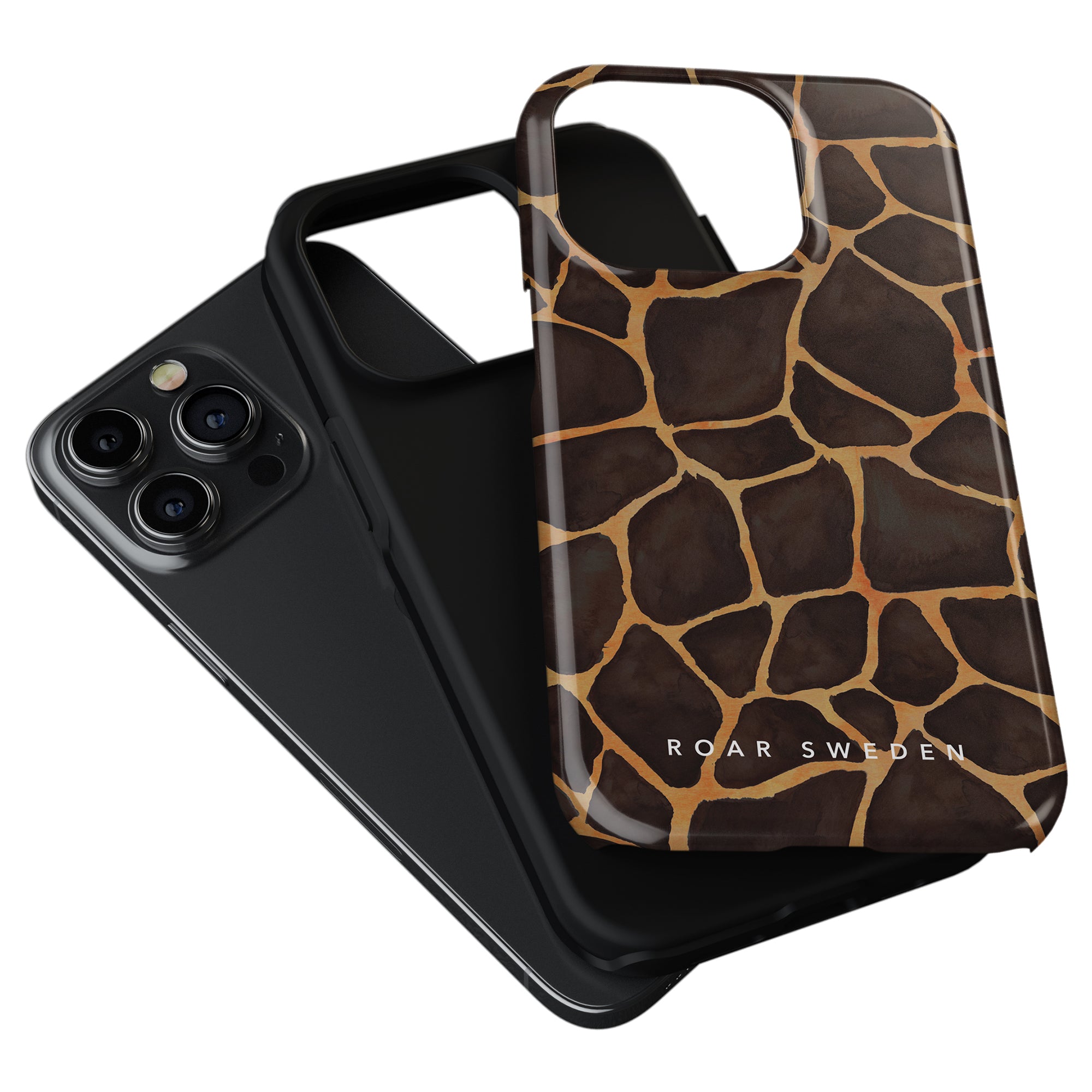 A Tough Case with the Giraffe - Tough Case design next to a black phone with a triple-lens camera, labeled "roar sweden.