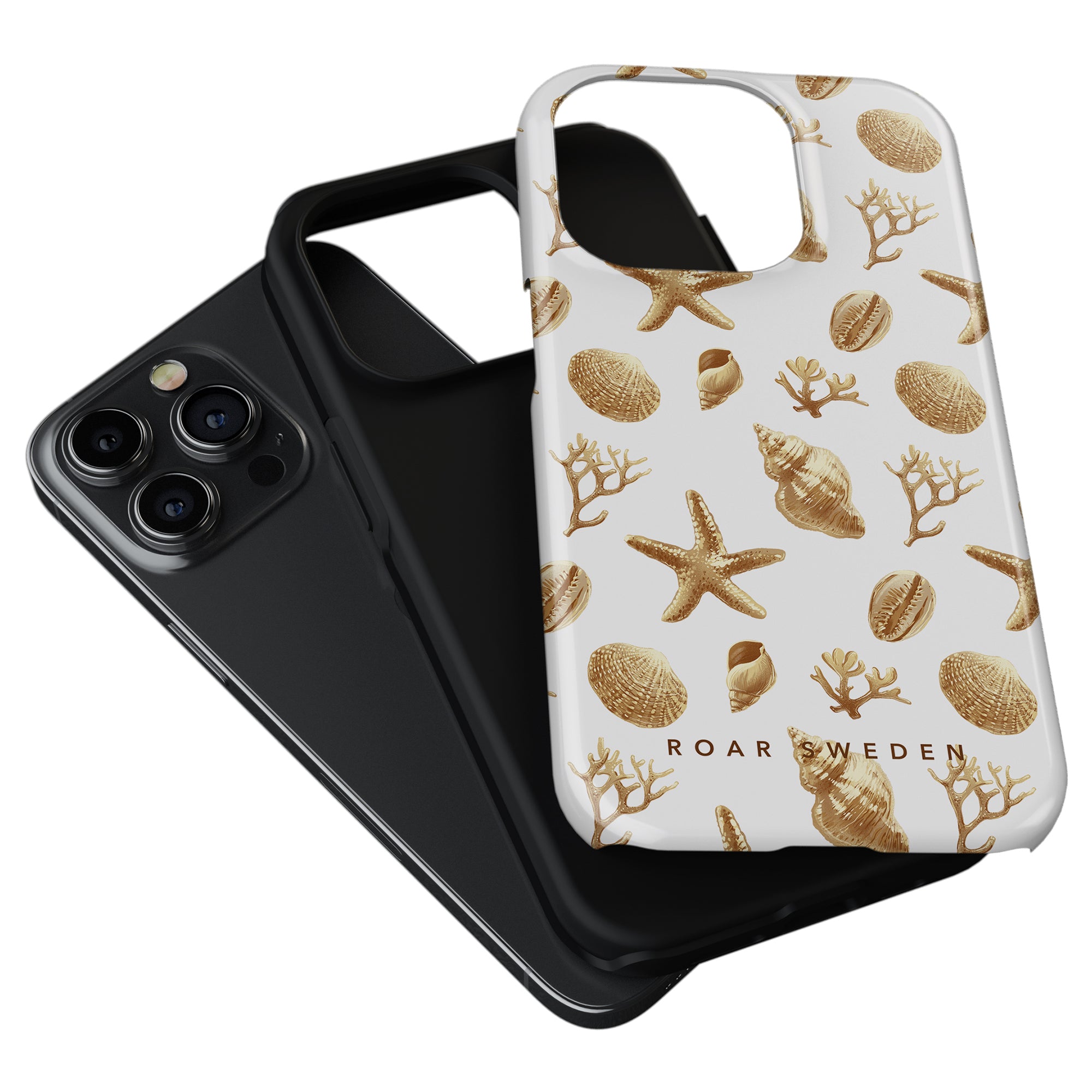 A black smartphone with a triple-lens camera paired with a Golden Shells - Tough Case from the ocean collection featuring a golden seashell and starfish design.