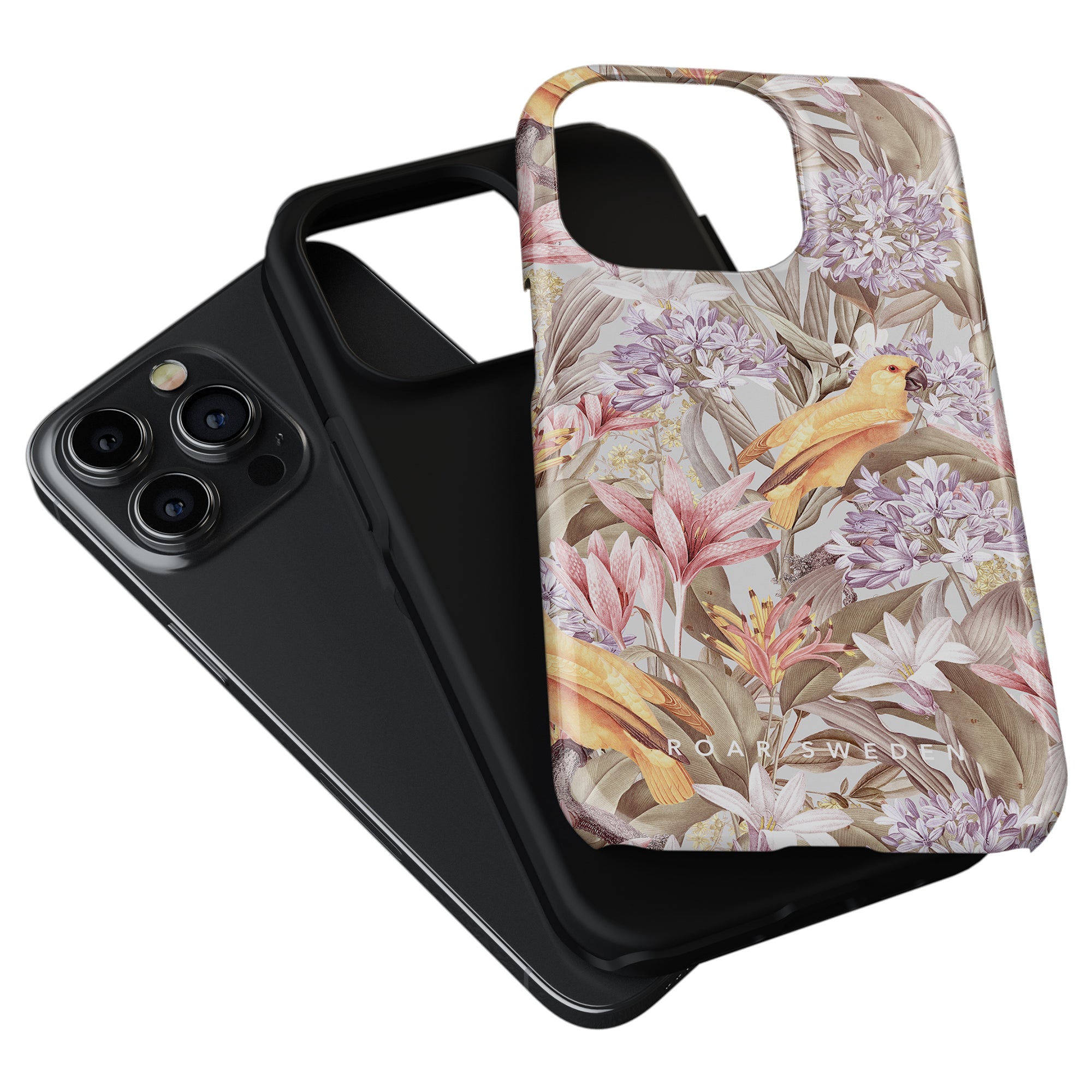 Two smartphone cases, one black and the Mango Parrot - Tough Case from the sommar collection with a floral and bird design, positioned against a white background.