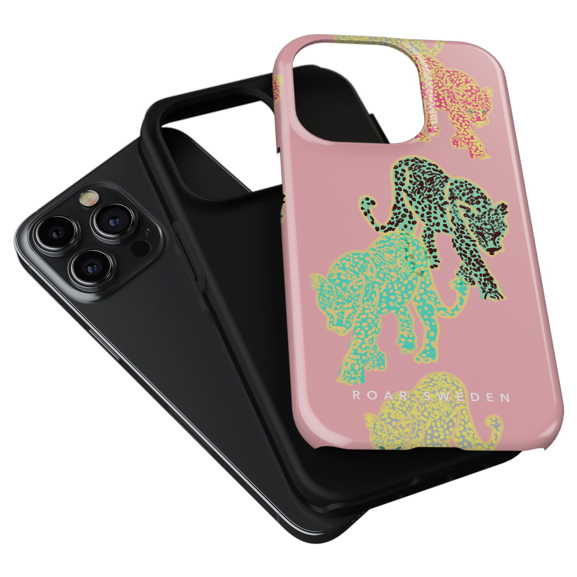 A pink Meow - Tough Case with a green and yellow elephant design from the Leopard kollektion alongside a black smartphone with a triple-lens camera.