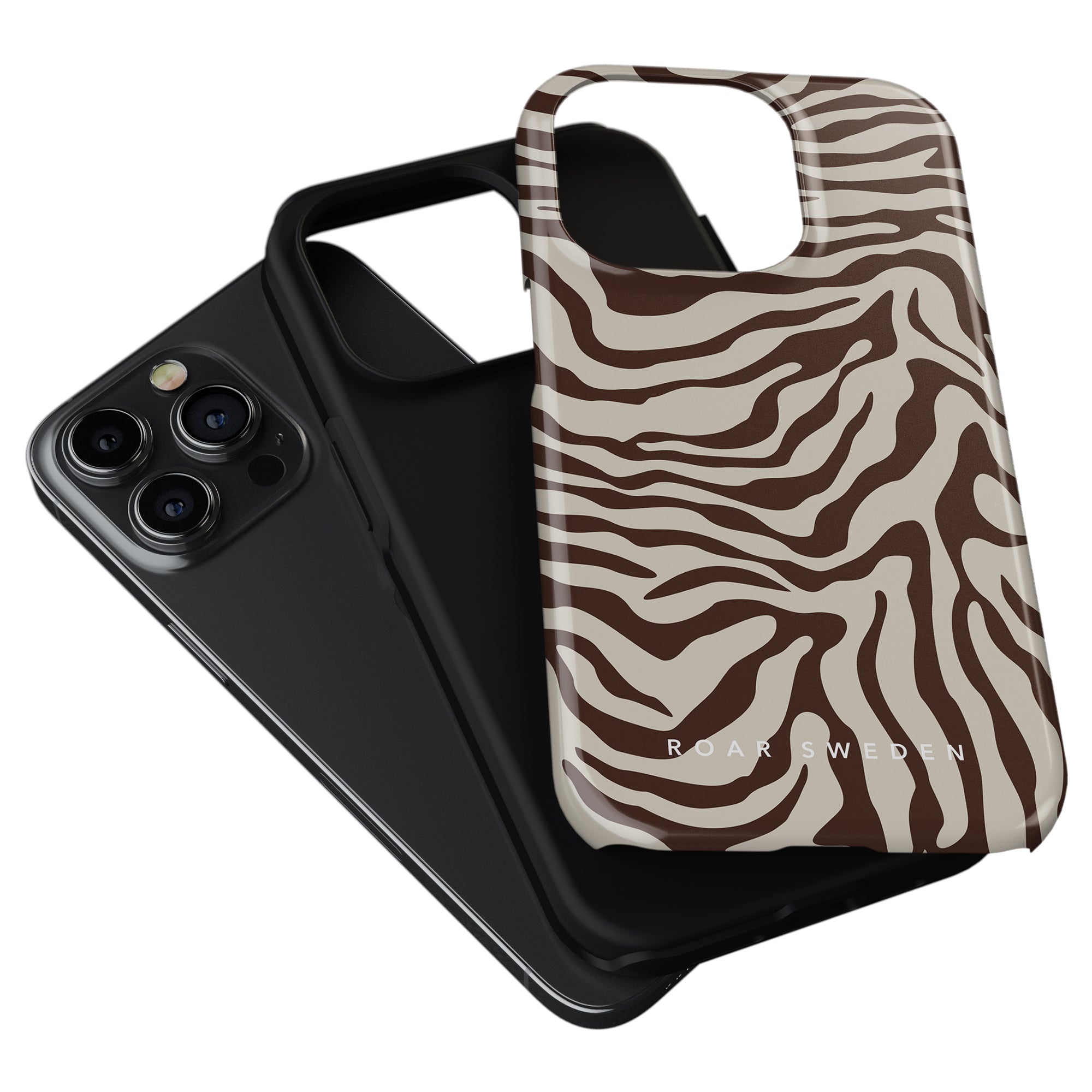 Two smartphones with Mocha - Tough Cases on a white background; one has a black case and triple camera setup, the other a zebra kollektion case and brand logo "roar sweden".