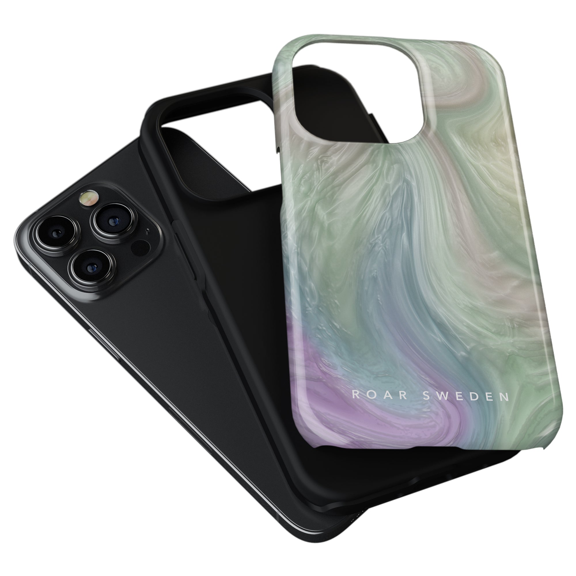 Two smartphone cases, one black and one with a swirling pastel design from the Nacre - Tough Case Collection, labeled "roar sweden," displayed on a white background.
