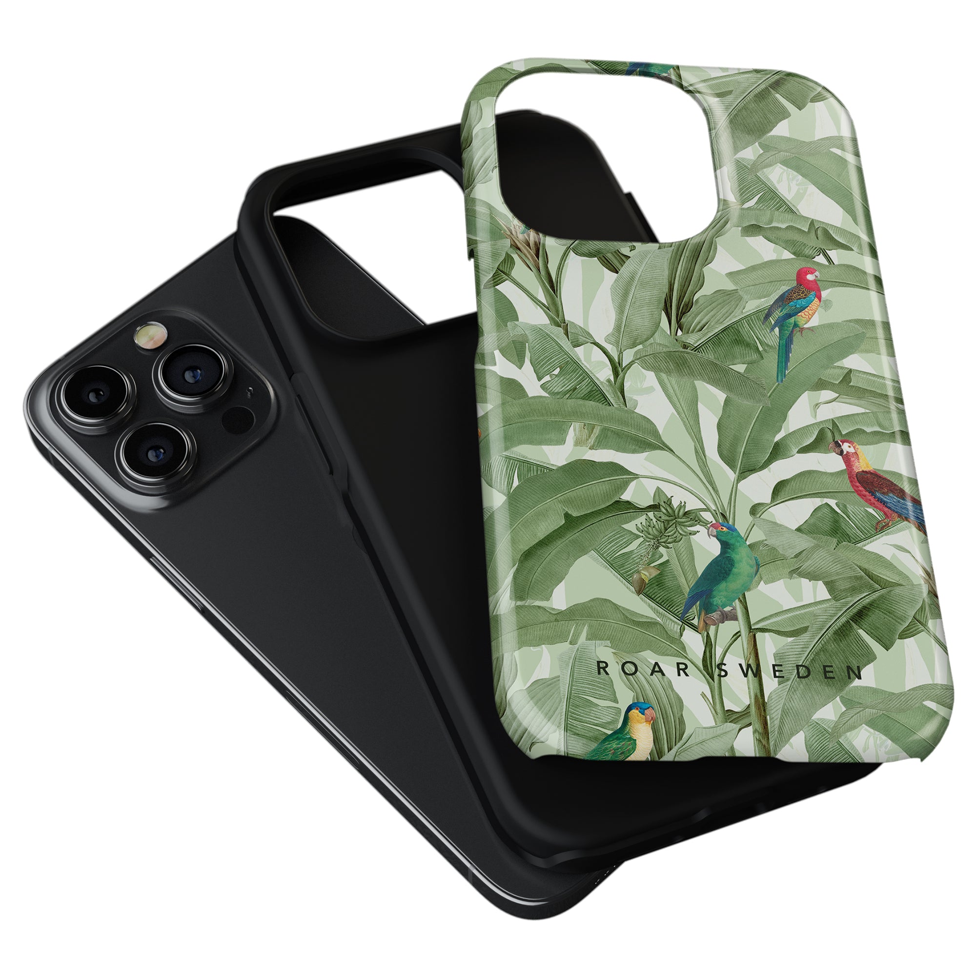 Two smartphone cases, one black and another from the Parrot Paradise - Tough Case, positioned next to each other against a white background.
