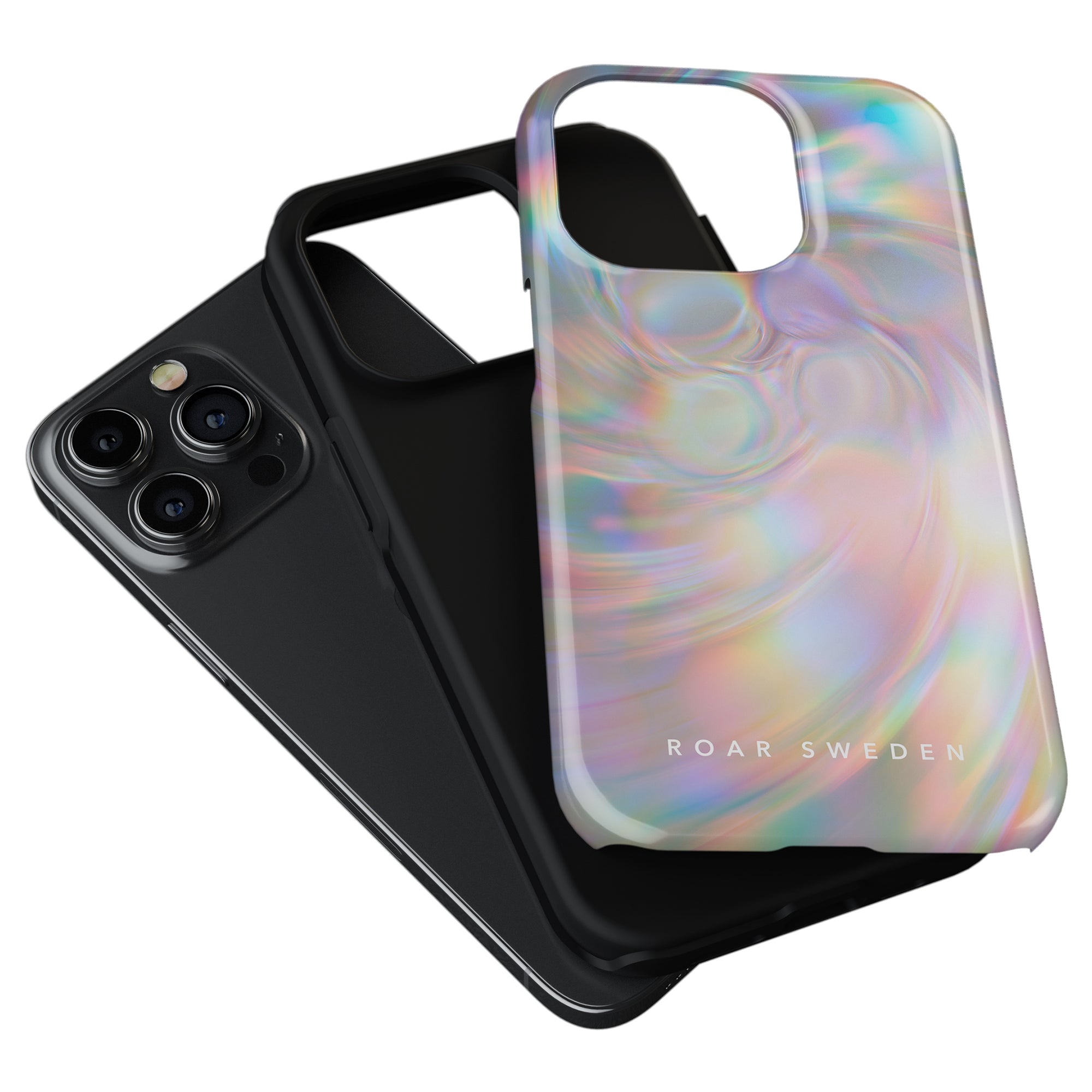 Two smartphone cases from the Oyster Collection; one black and one with a Pearlescent - Tough Case, both designed for models with triple-camera setups.