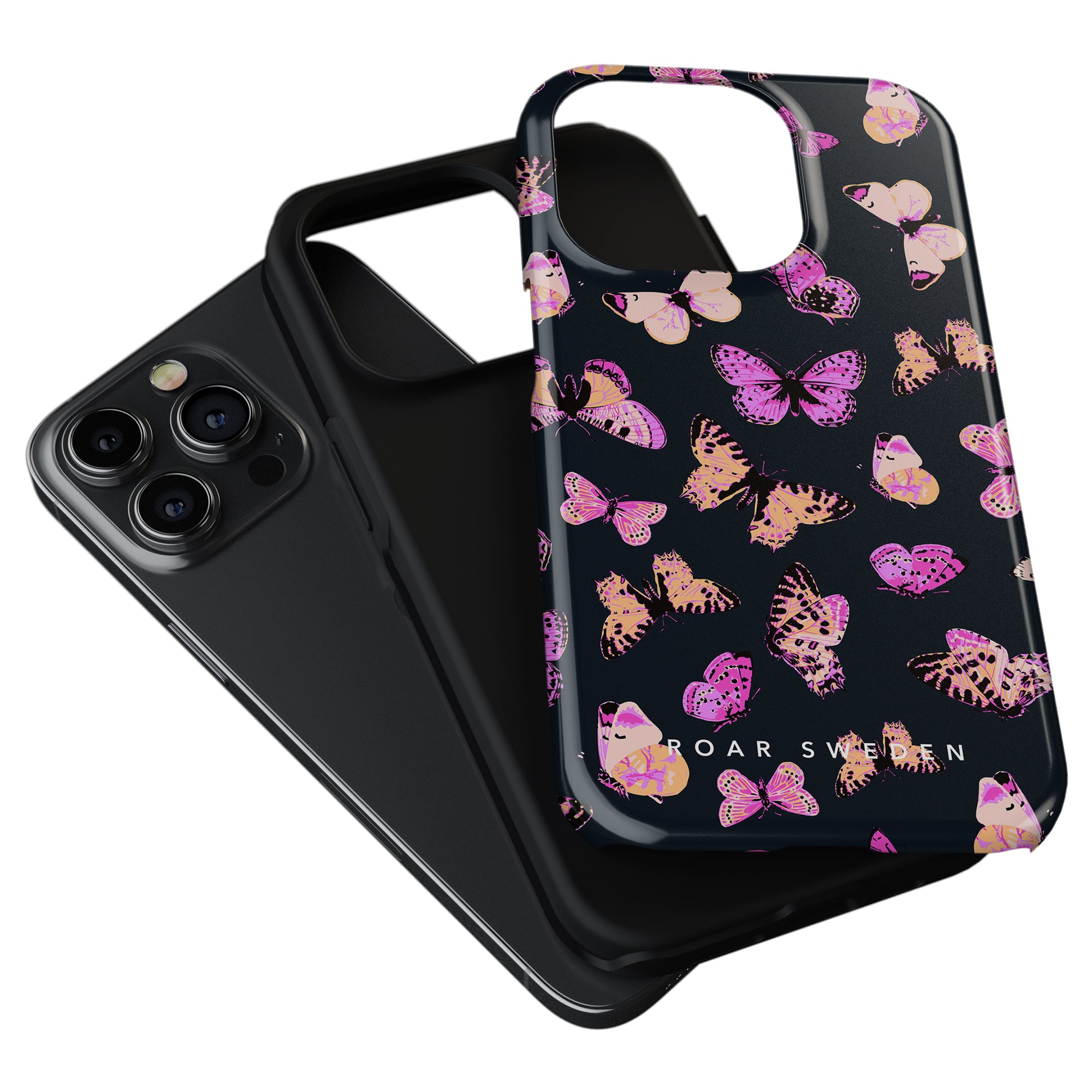 Black smartphone with triple-lens camera next to a Pink Butterflies - Tough Case from the sommar collection.