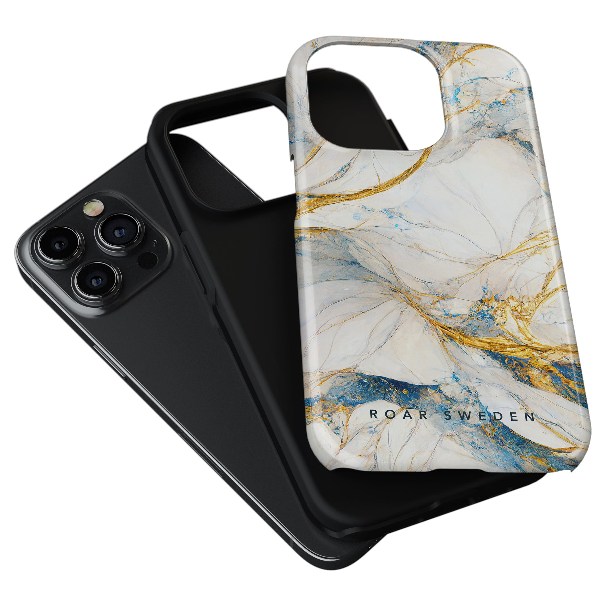 Two Queen Marble - Tough Cases; one black and another with a white marble design from the hybrid collection, featuring gold accents and text "roar sweden." Both are designed for models with triple cameras.