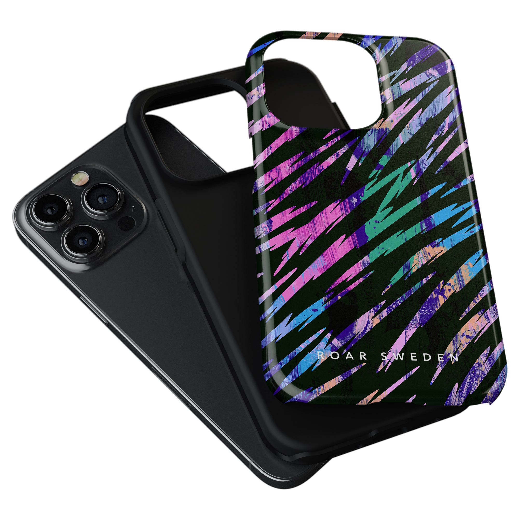 Black smartphone with a triple-camera system paired with a Rad Stripes - Tough Case featuring rad stripes and the text "roar sweden" from the Exotic Collection.