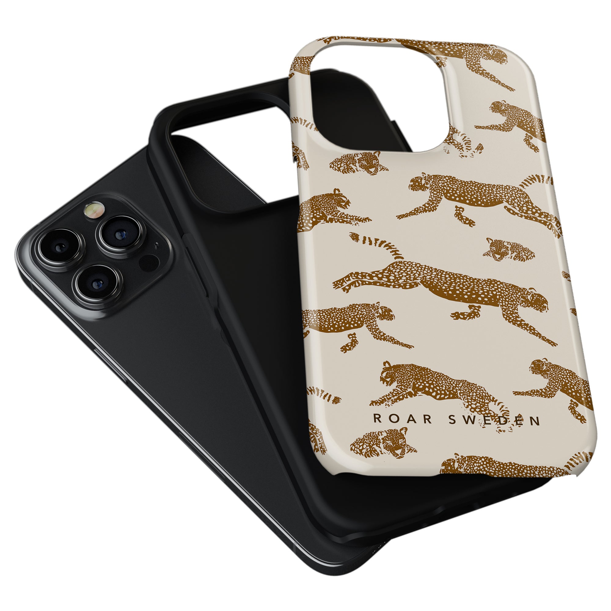 Black smartphone with triple camera setup paired with a Ritzy - Tough Case from the Leopard Collection featuring a cream-colored design and brand name.