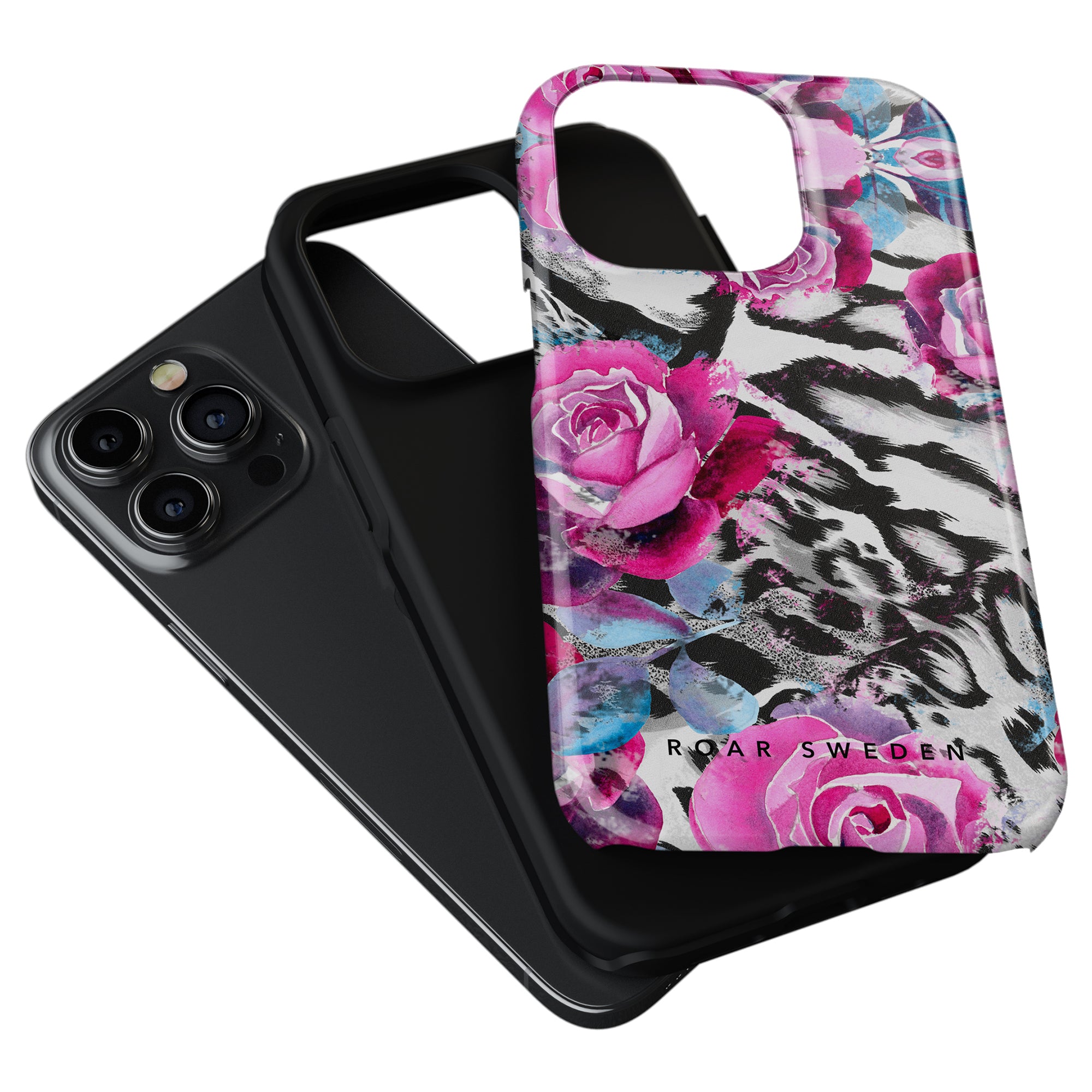 Two smartphone cases; one black and the other with a Rosy Wildcat - Tough Case design labeled "roar sweden," both next to an iPhone with triple cameras.
