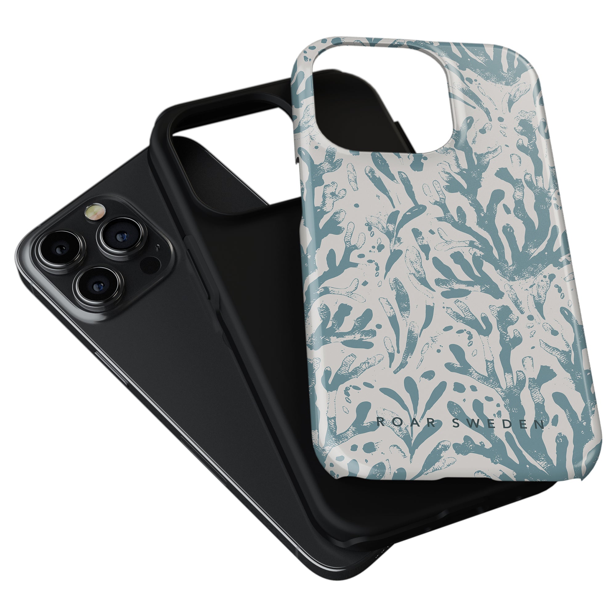 A black smartphone with a triple-camera system next to a Sea Life - Tough Case featuring a blue and white abstract pattern.