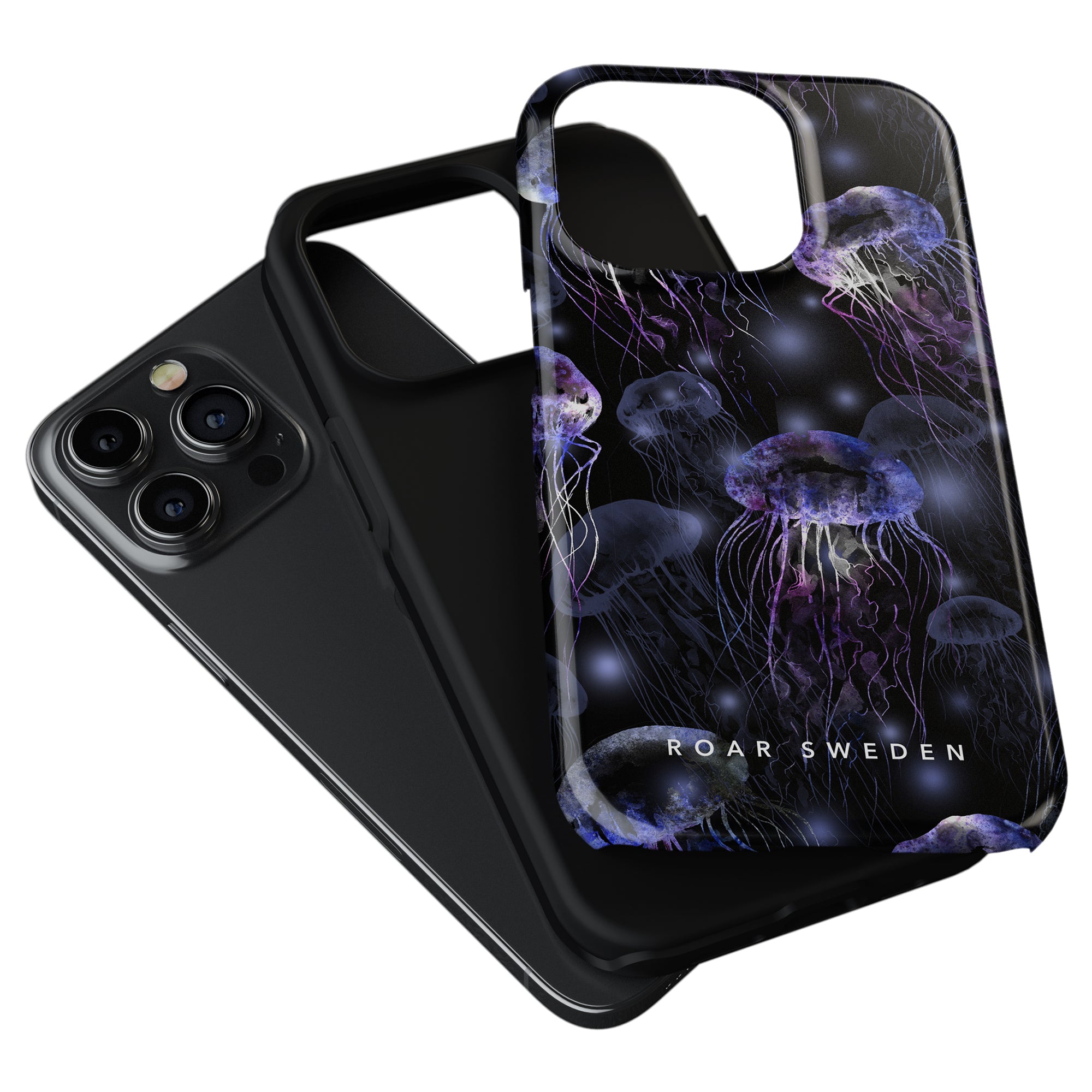 A smartphone with a camera in a Smack - Tough Case featuring a jellyfish design, labeled "roar sweden," against a white background.