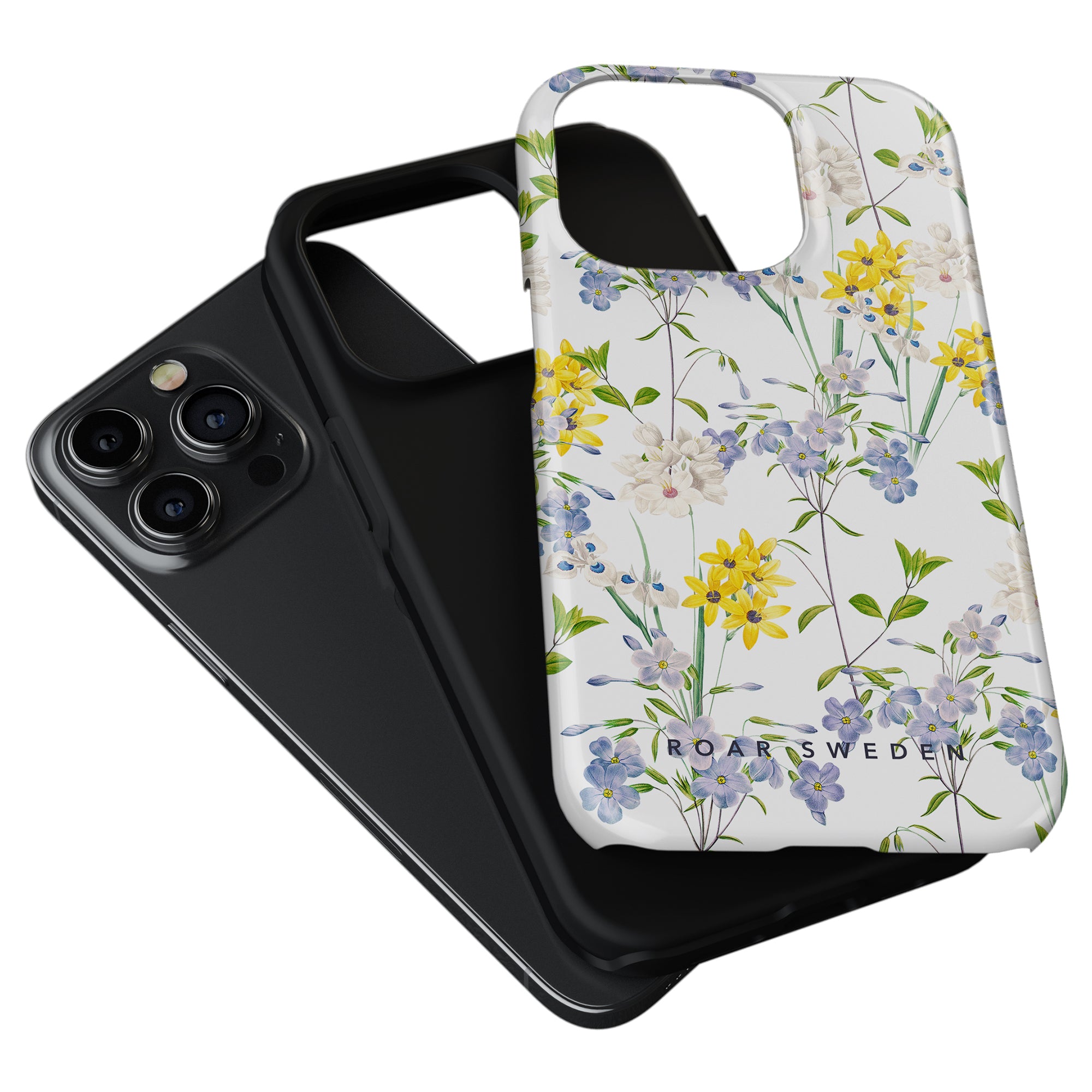 A black smartphone with a triple-camera setup next to a Summer Flowers - Tough Case phone case with a cut-out for the camera and wireless earbuds.