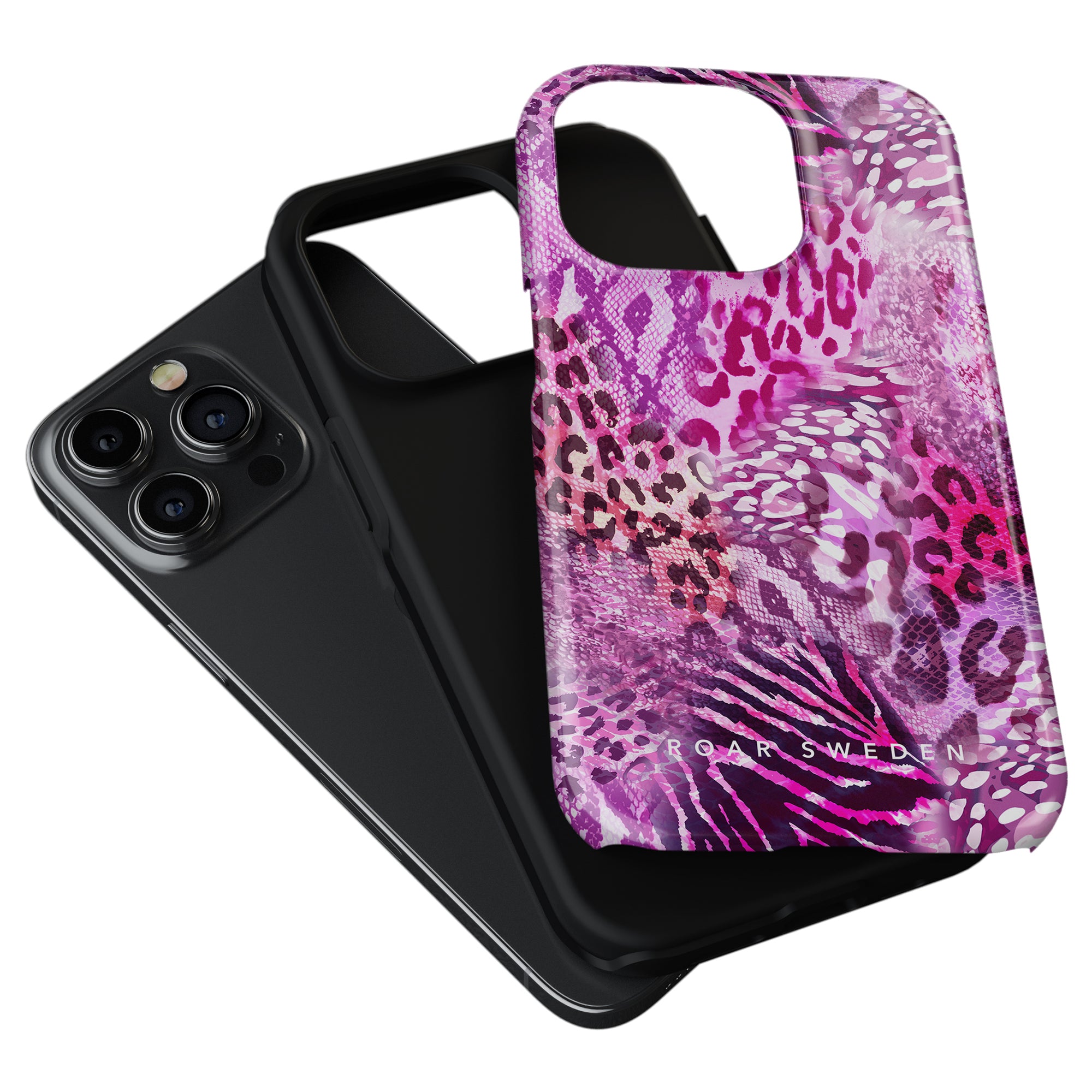 Two smartphones with a black Hybrid Collection case beside a Swirl Leopard - Tough Case with the text "ideal of sweden.