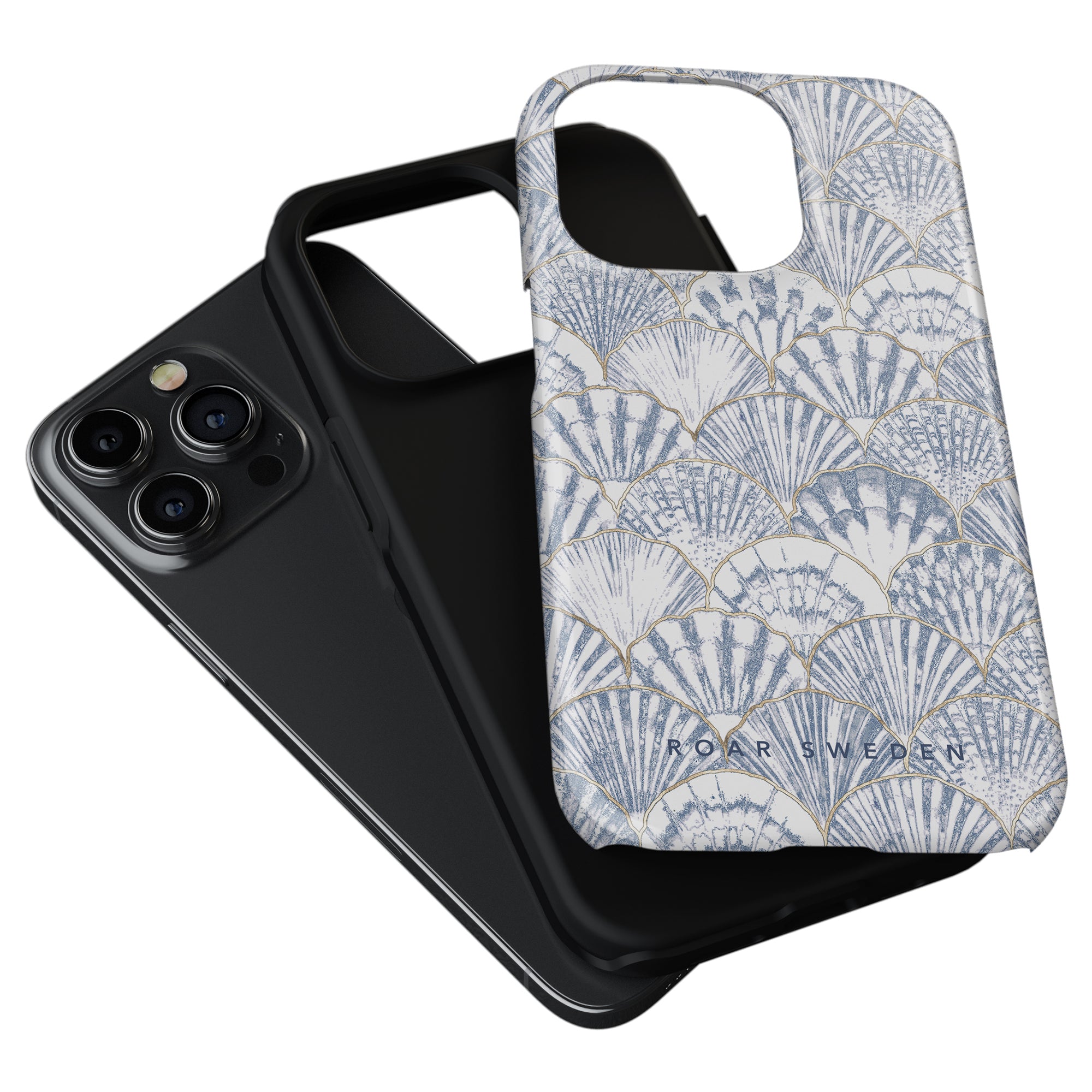 A black smartphone with a triple-lens camera next to a patterned Valencia - Tough Case from the Ocean Collection.