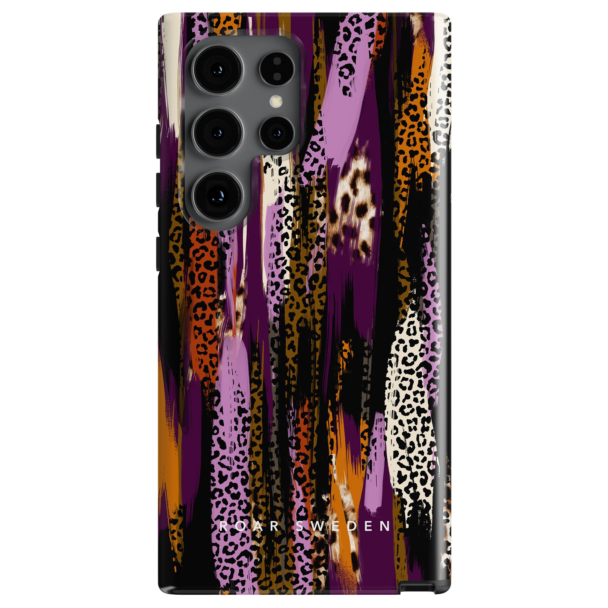 A smartphone case with a vibrant design of vertical streaks in purple, black, and orange, paired with leopard print sections. The text "Ideal of Sweden" is at the bottom. This **Artsy Leo - Tough Case** offers excellent skydd för din smartphone while showcasing your unique style.