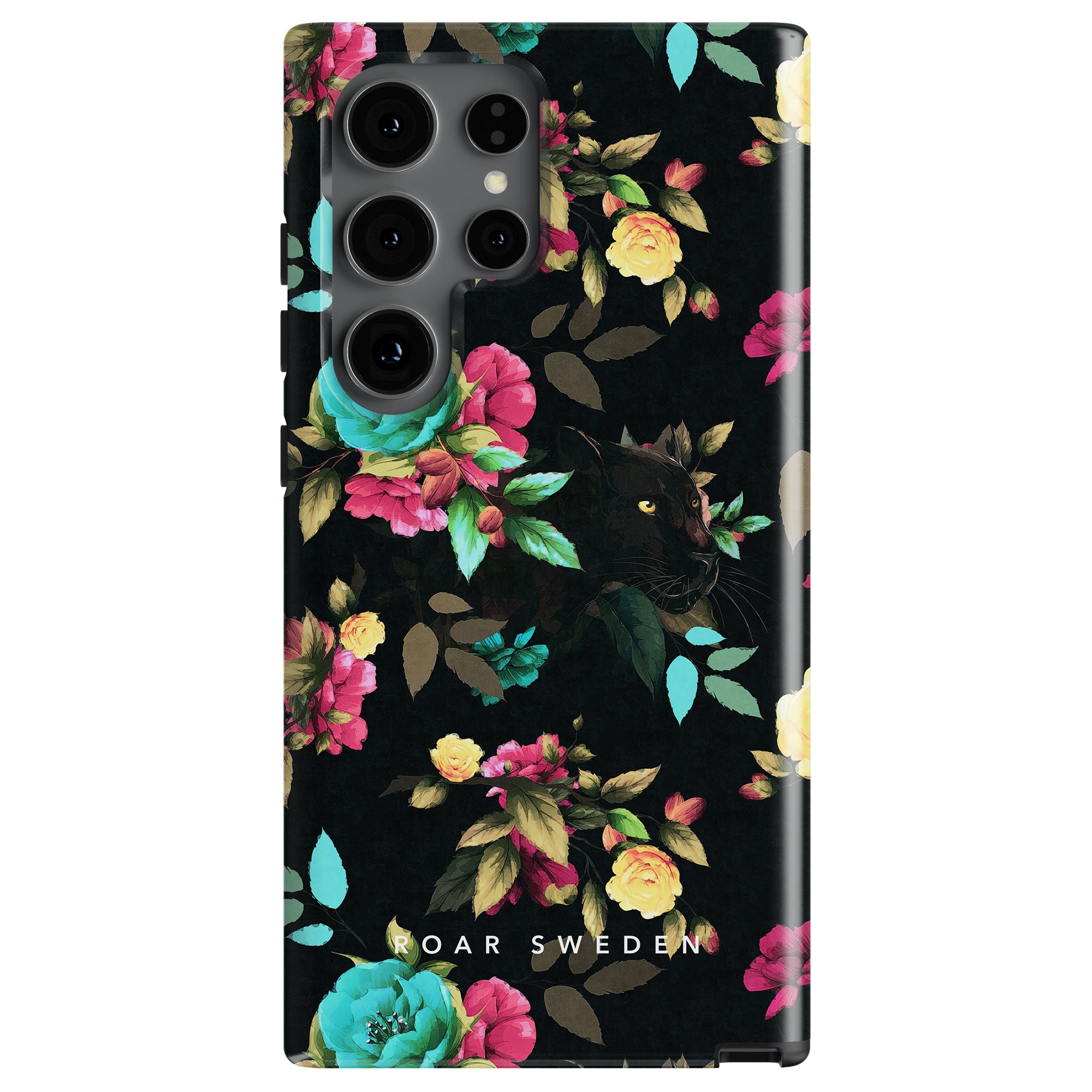 Bloom Panther - Tough Case tough case with floral pattern and a black cat design, featuring cutouts for camera lenses, branded "roar sweden.
