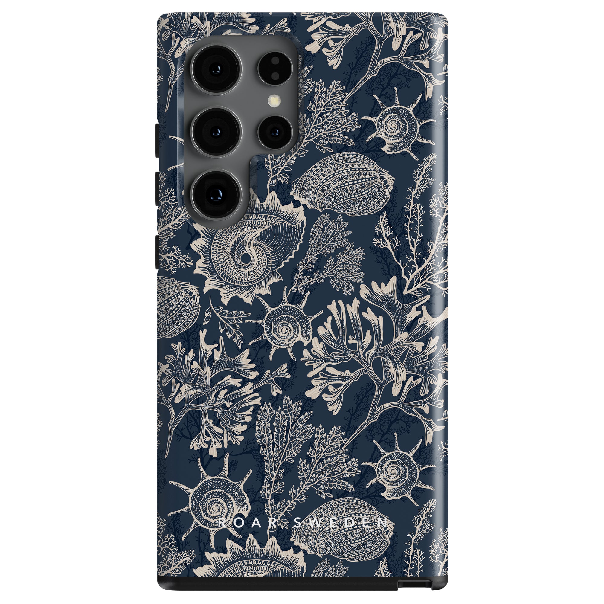 Dark blue smartphone case with intricate white floral and fauna pattern from the Blue Corals - Tough Case collection, featuring prominent camera cutouts and branded with "ideal of Sweden.