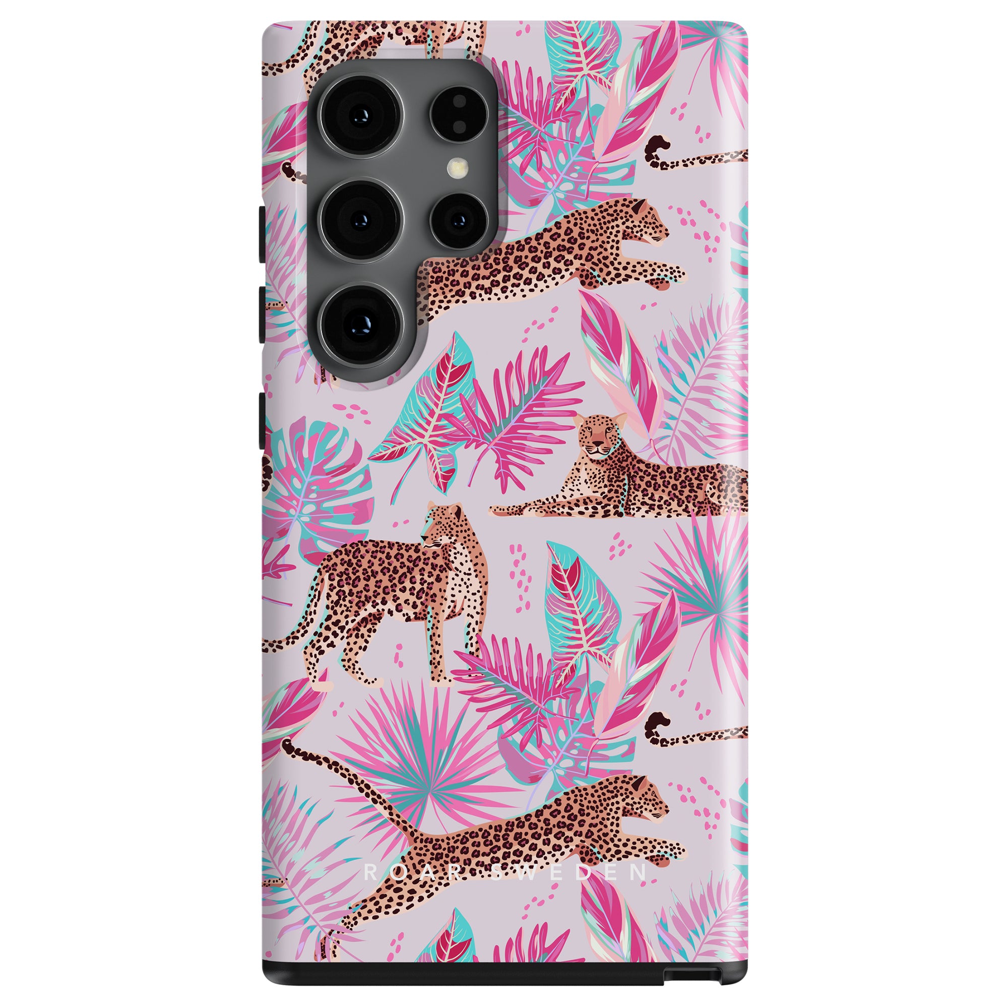 Chill - Tough Case with a tropical design featuring pink and blue leaves and leopards from the Leopard kollektion, fitted on a phone with triple camera lenses.